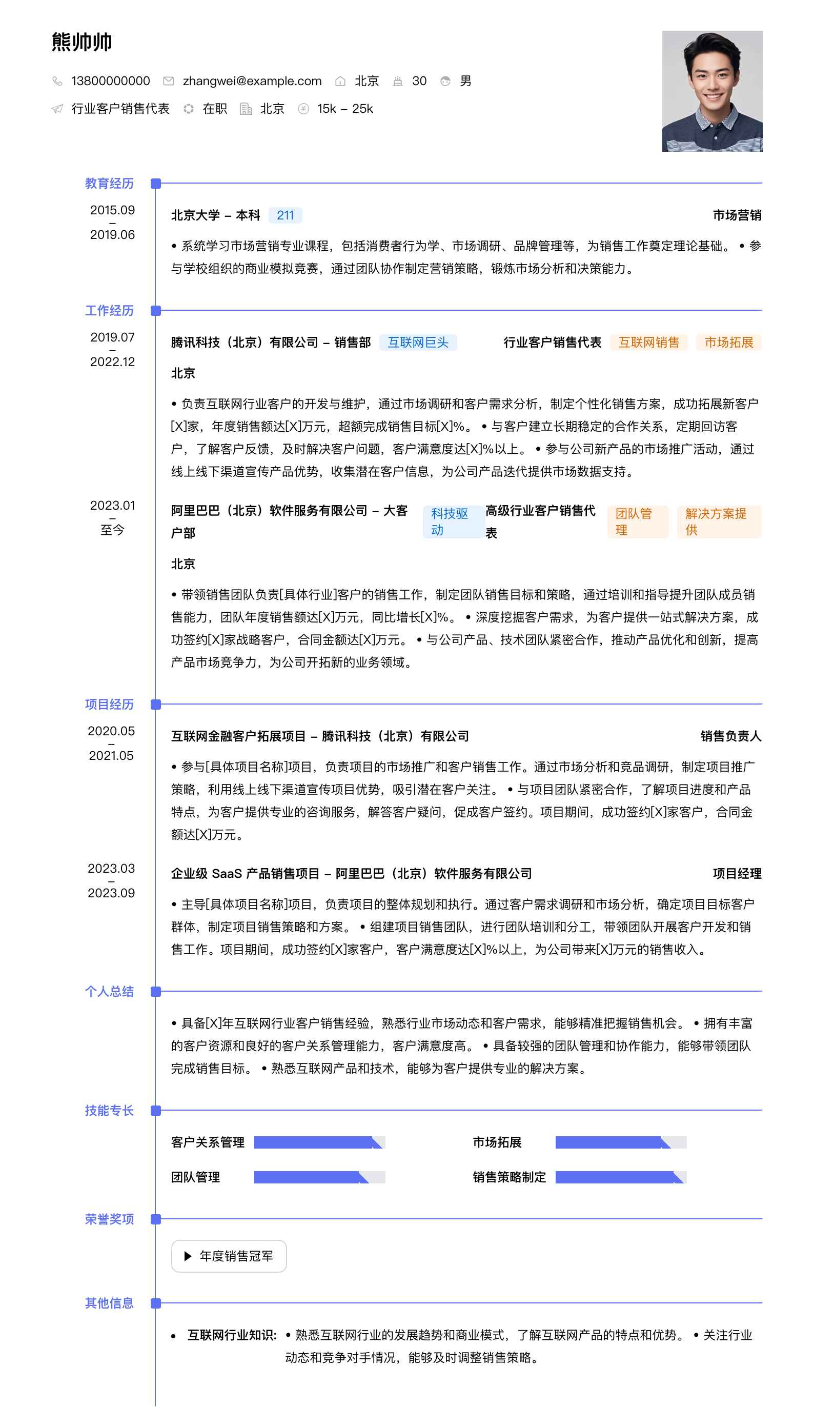 行业客户销售代表简历模板