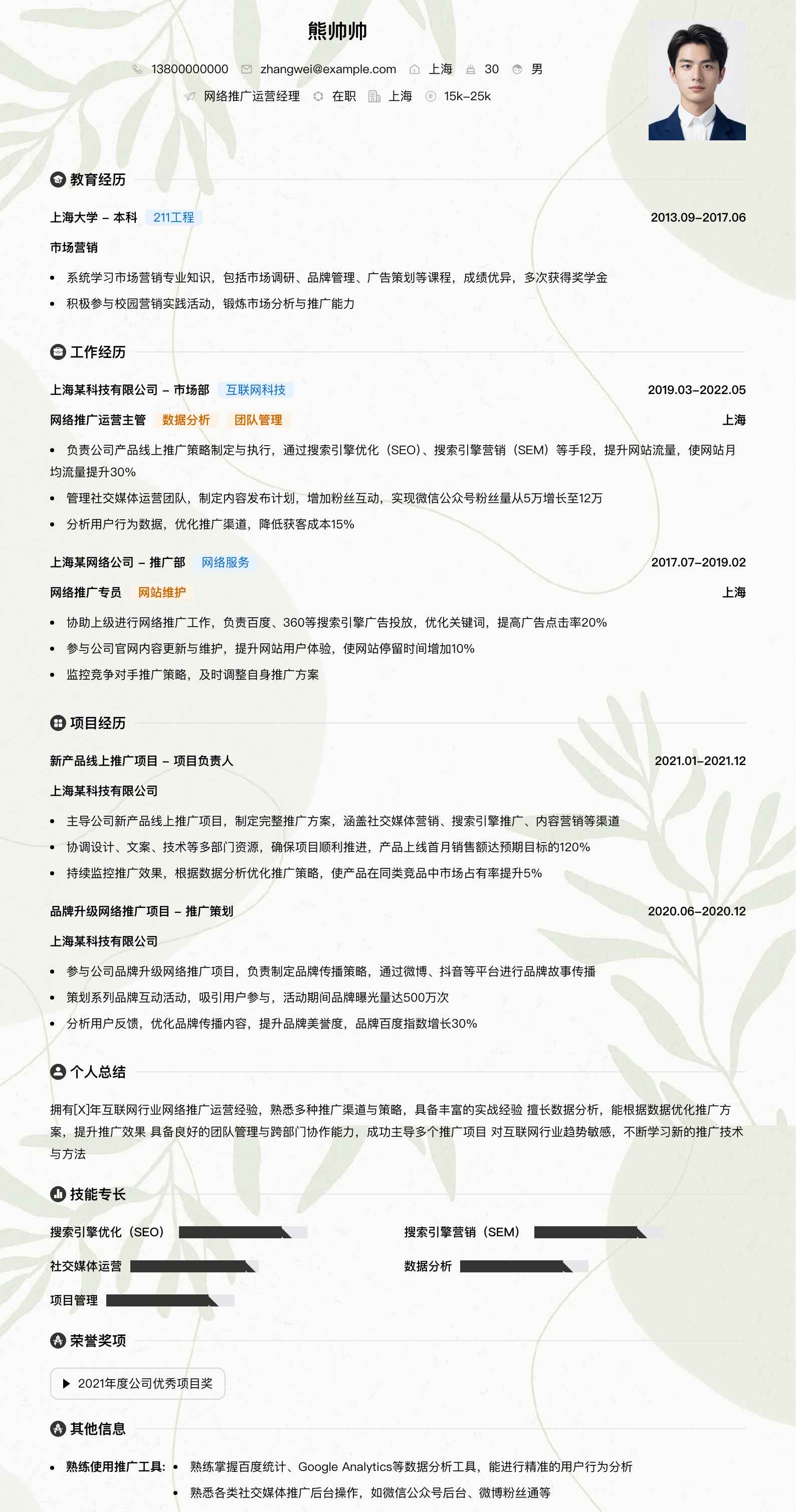 网络推广运营经理简历模板