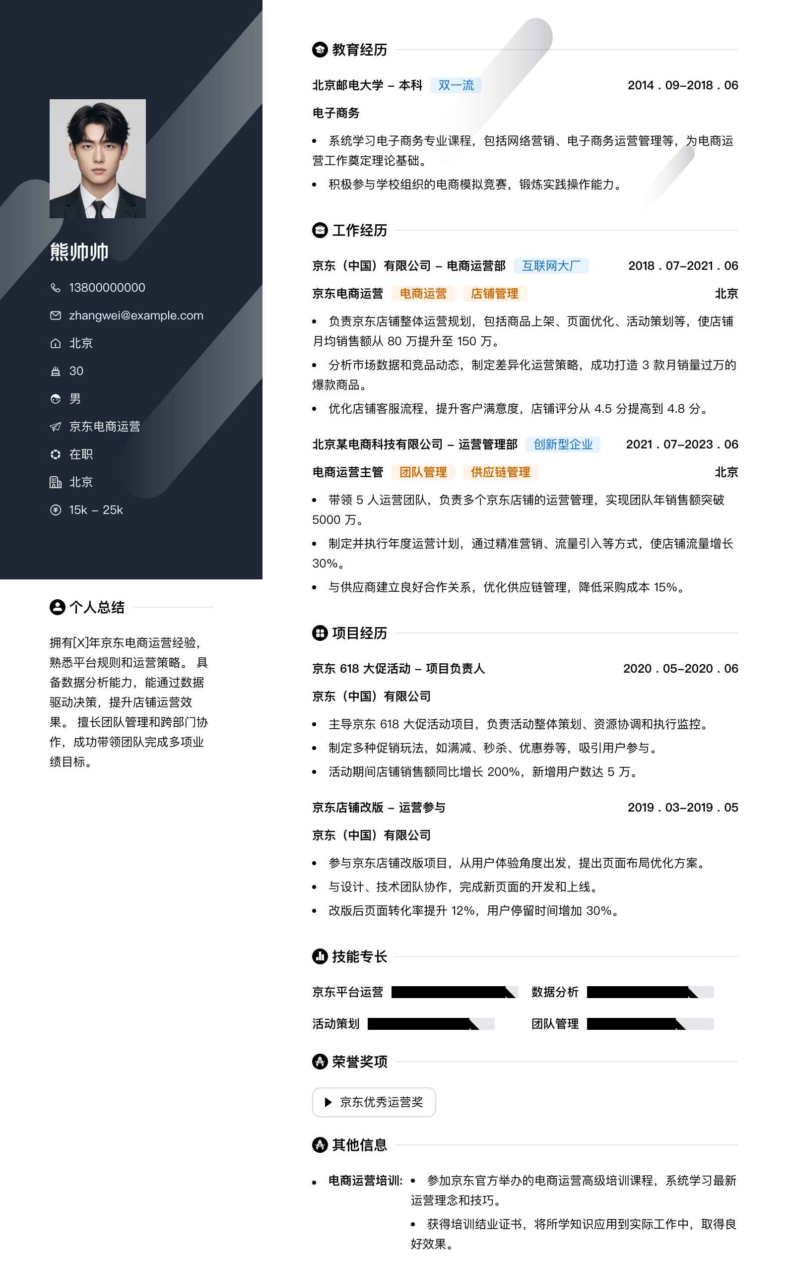 京东电商运营简历模板