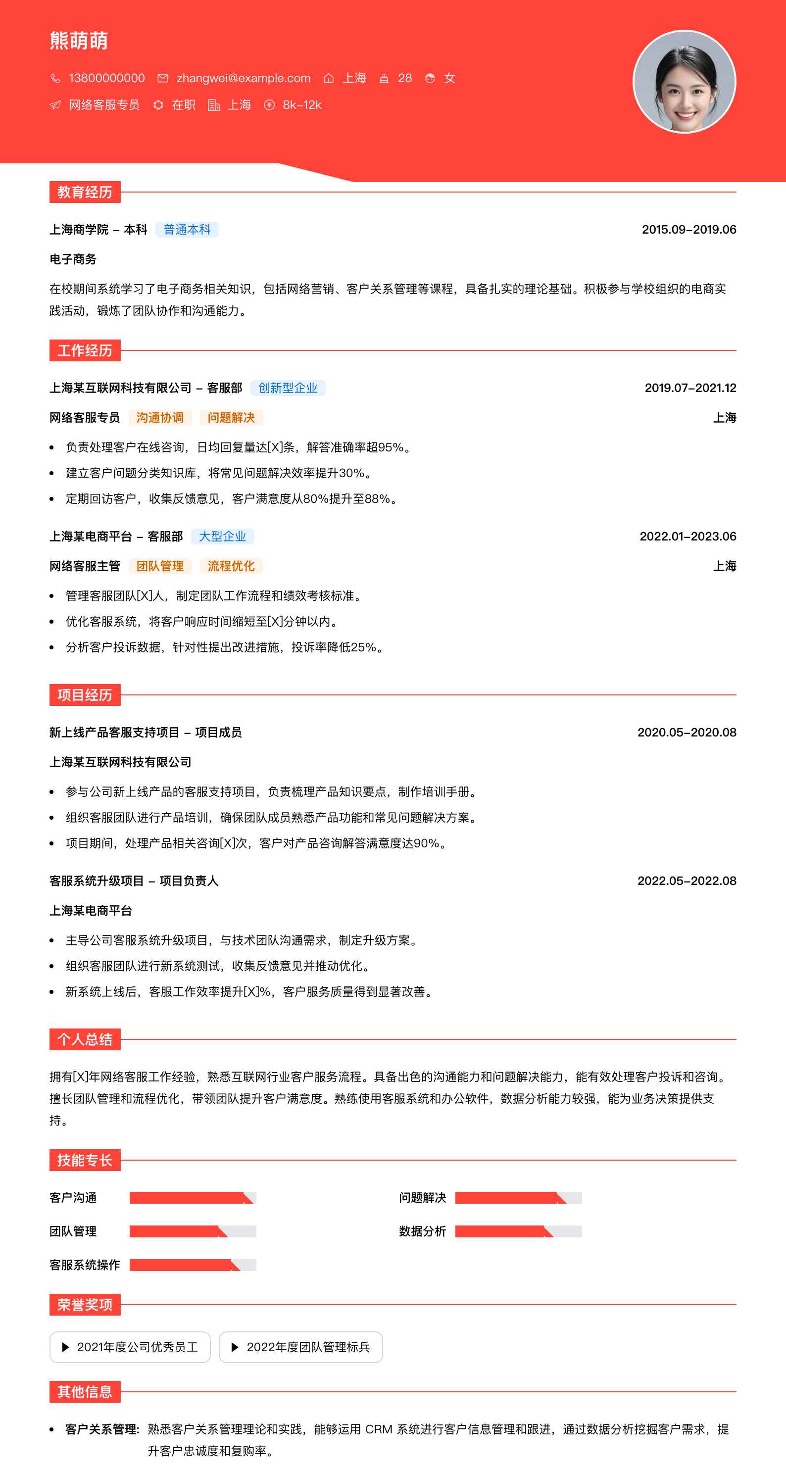 网络客服专员简历模板