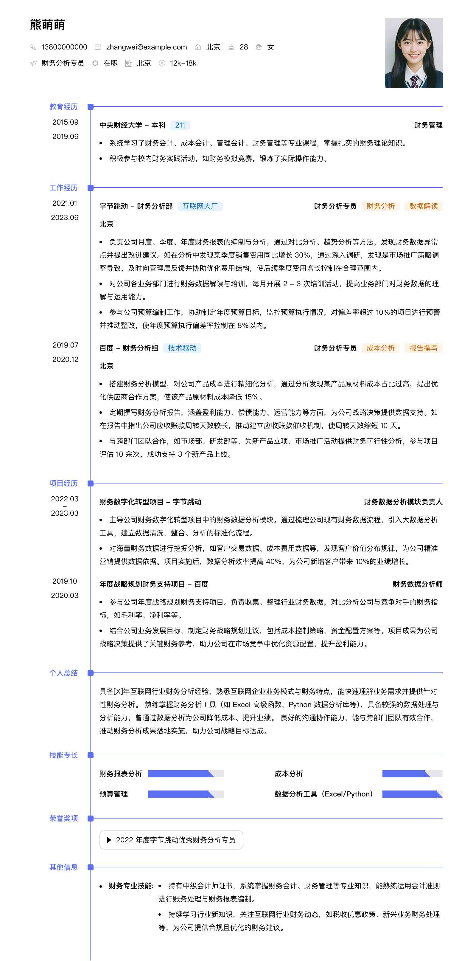 财务分析专员简历模板