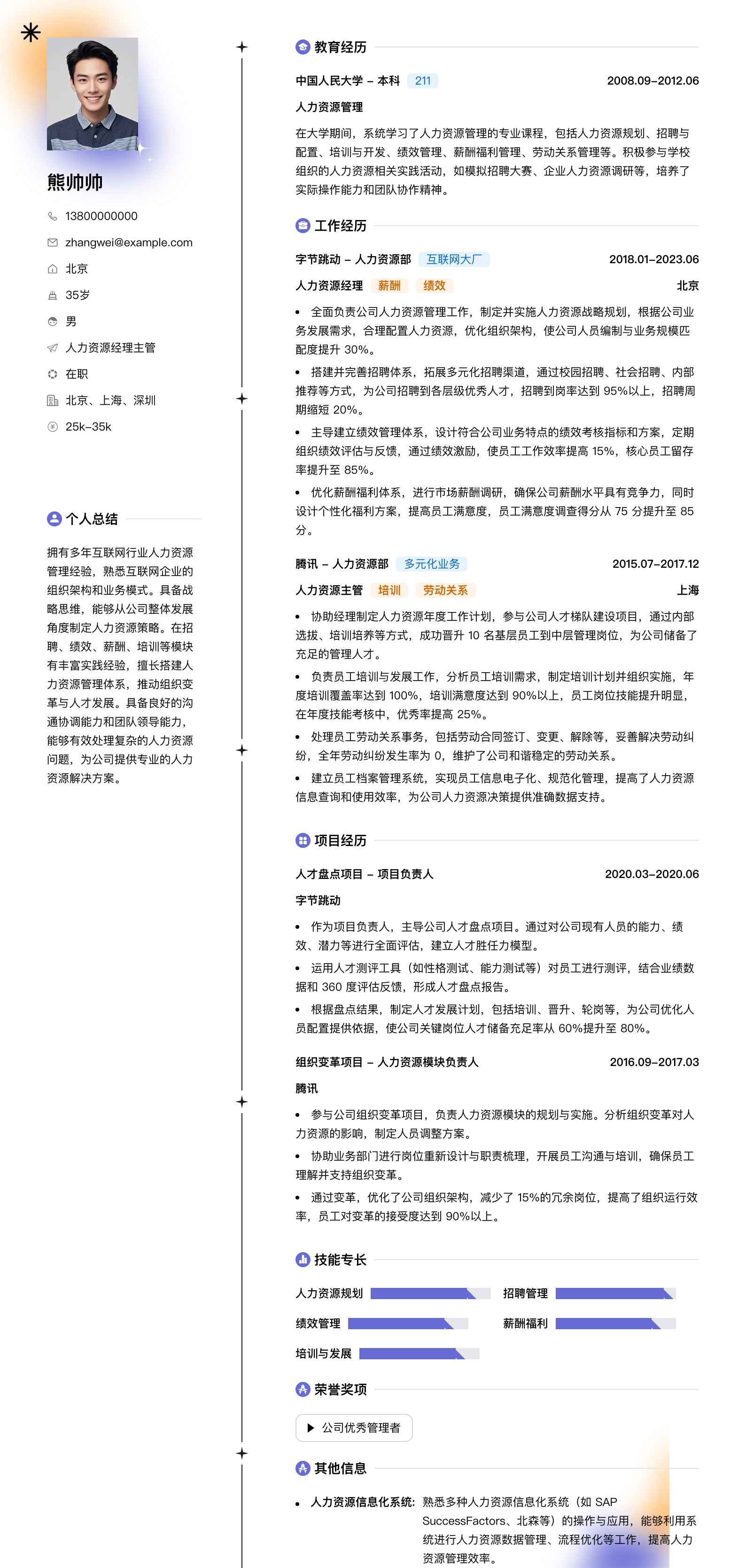 人力资源经理主管简历模板