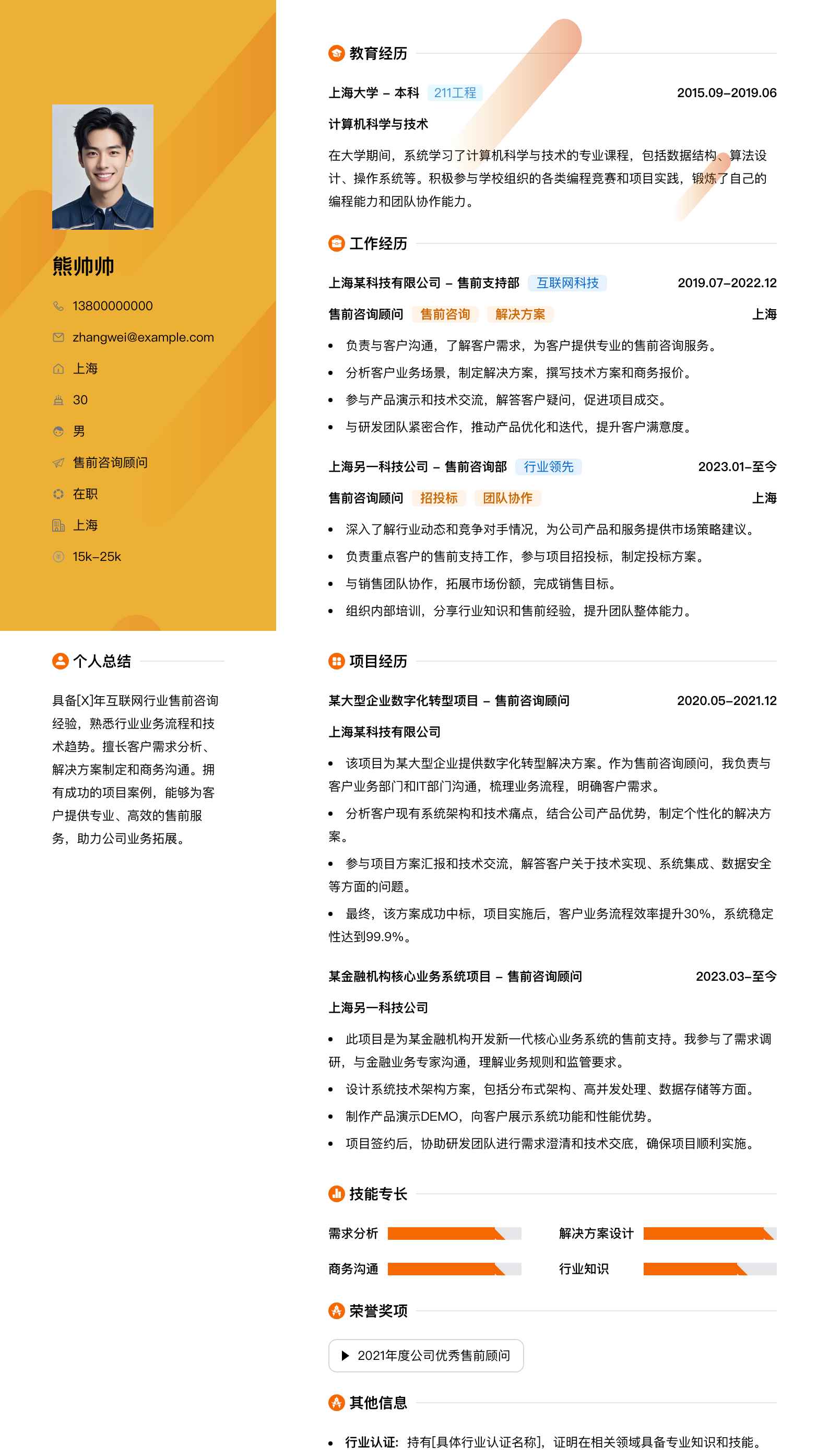售前咨询顾问简历模板