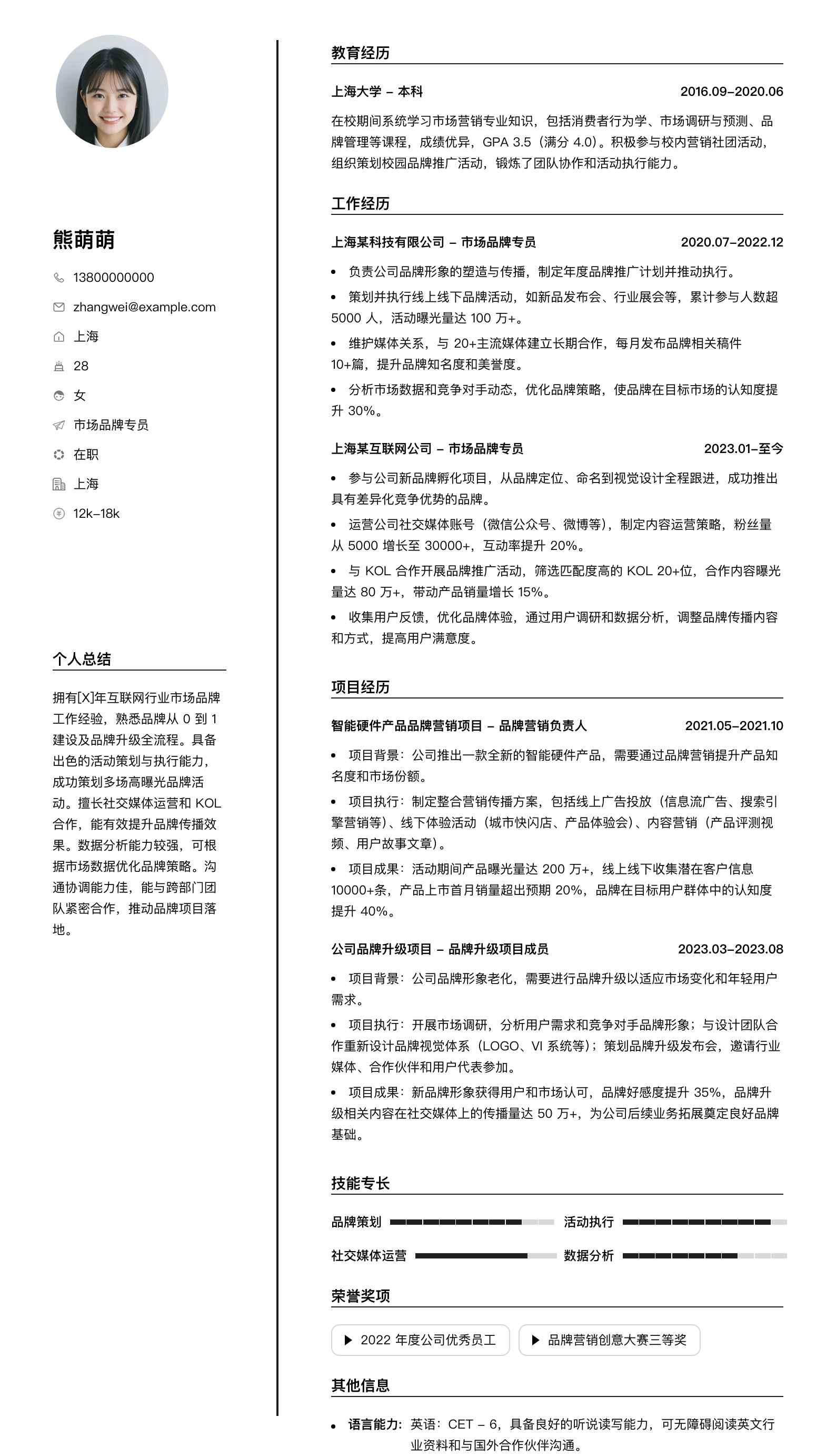 市场品牌专员简历模板