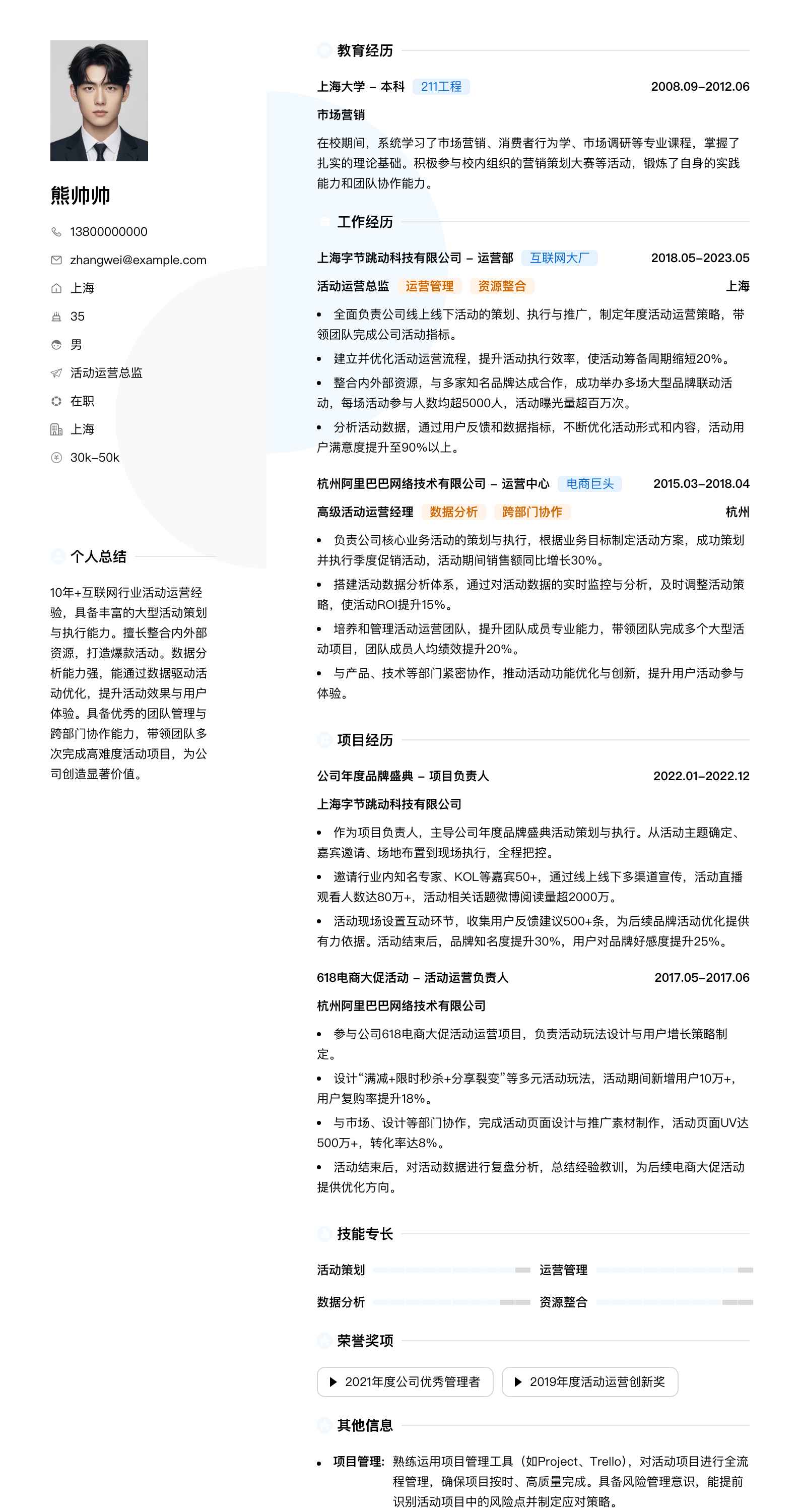 活动运营总监简历模板