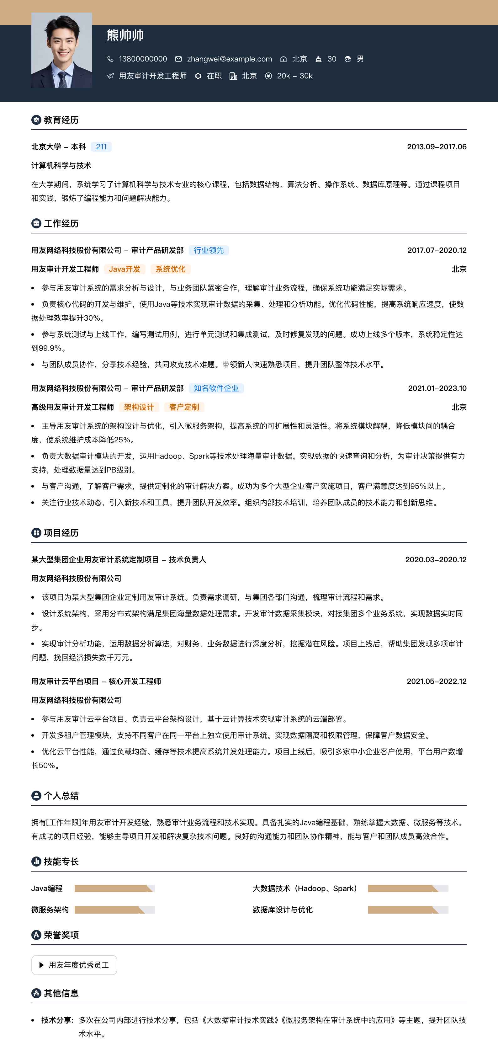 用友审计简历模板
