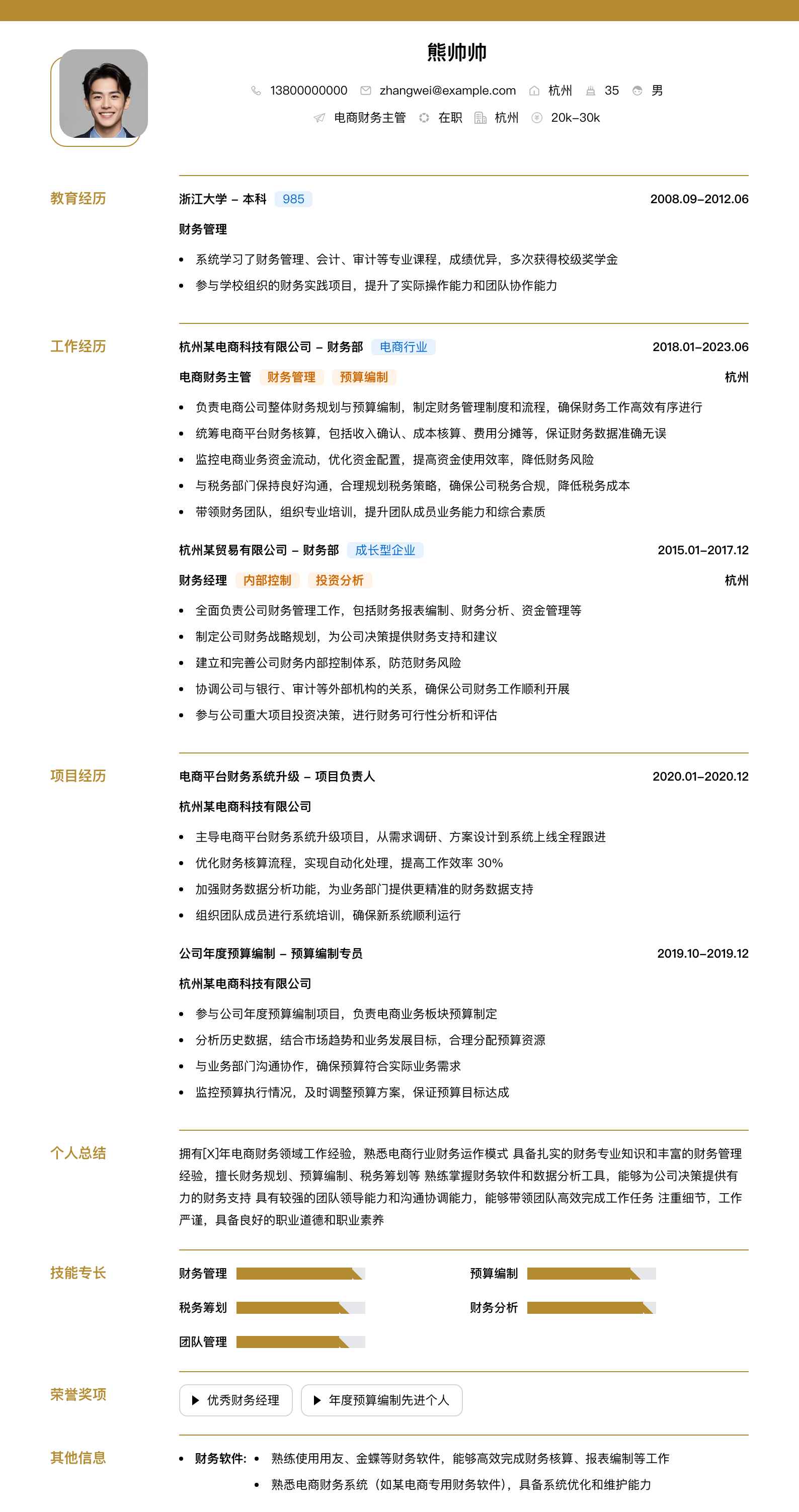 电商财务主管简历模板