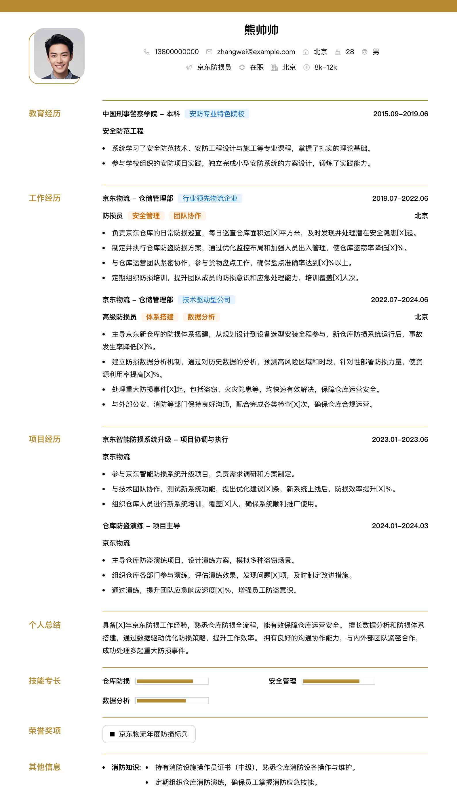 京东防损员简历模板
