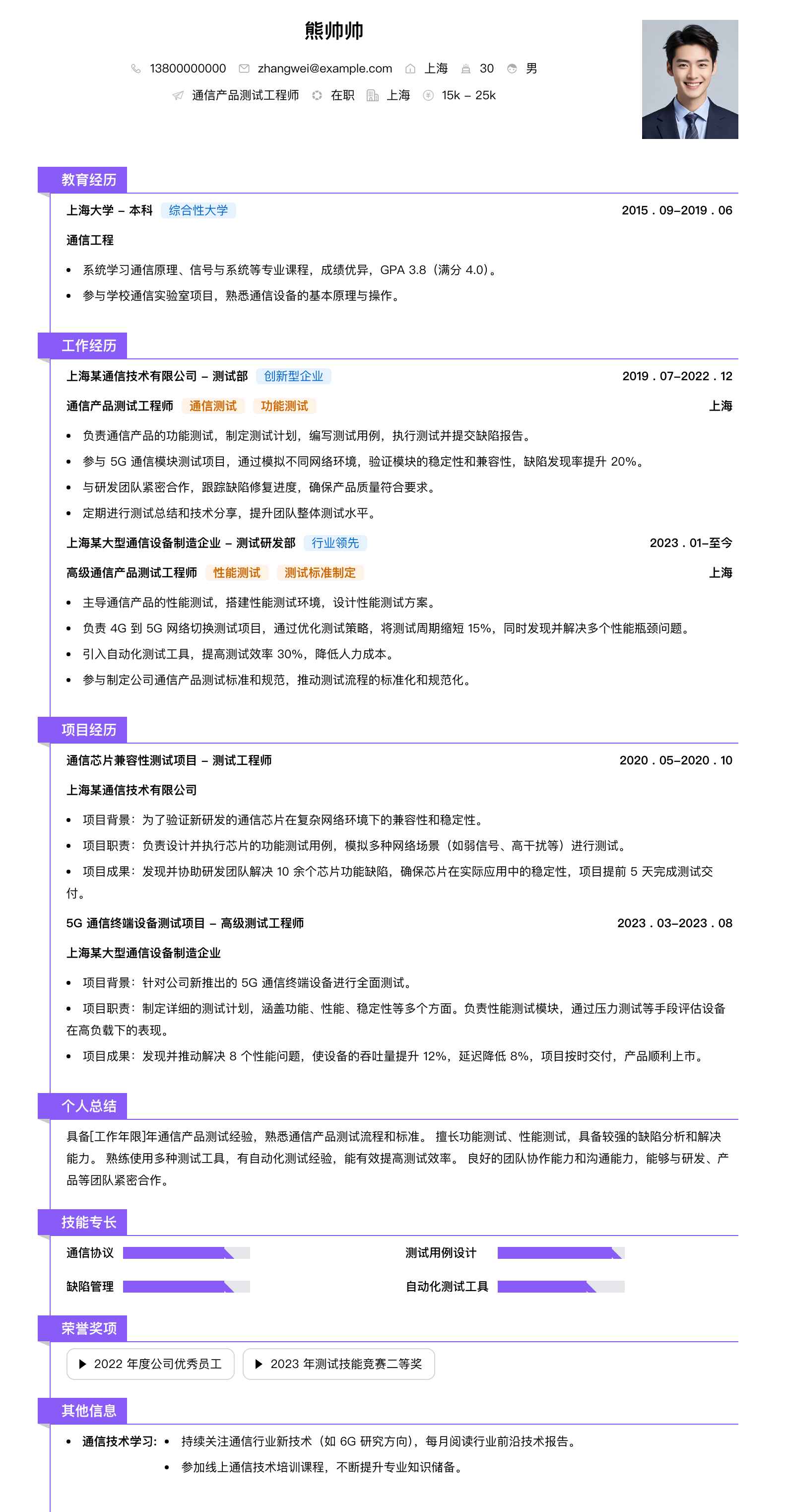 通信产品测试工程师简历模板