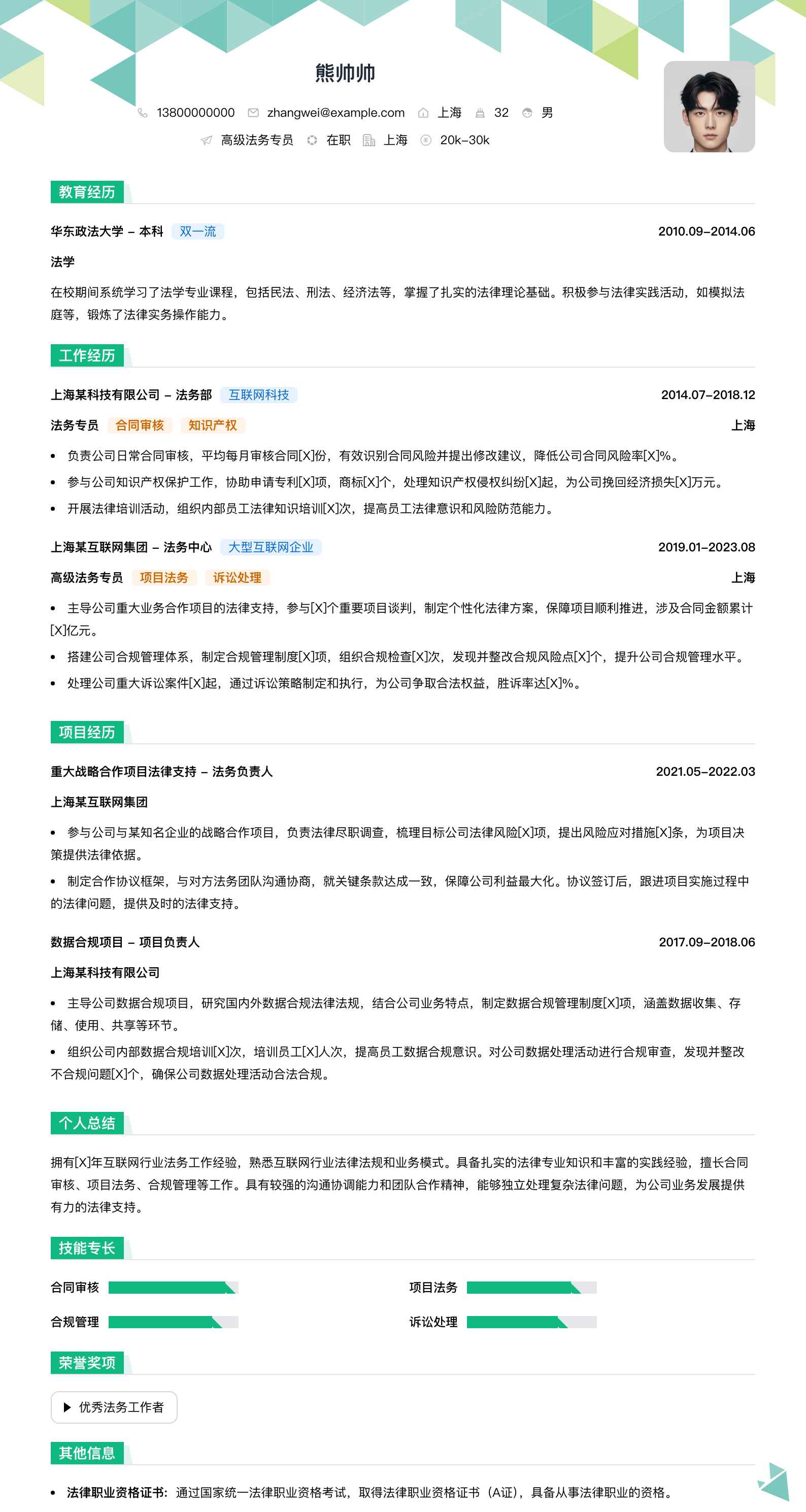 高级法务专员简历模板