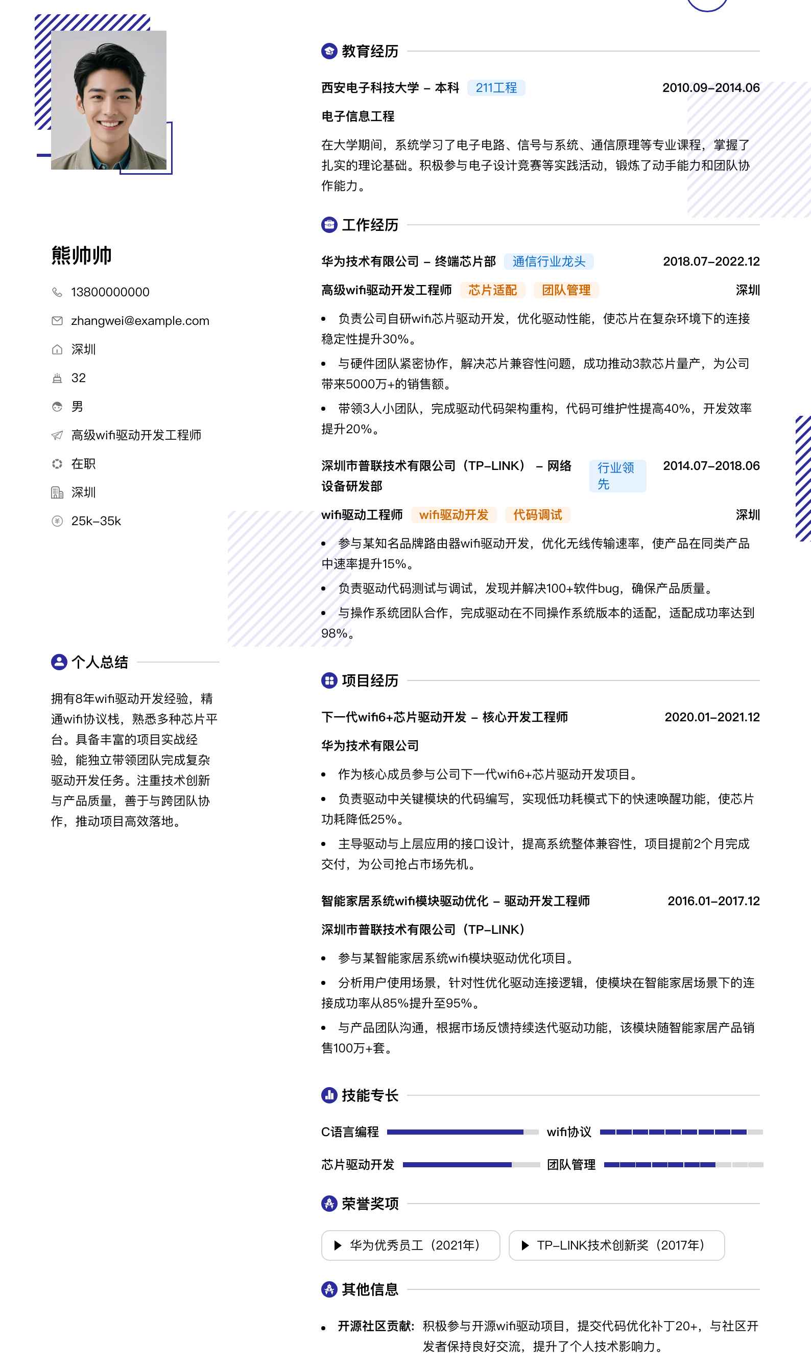高级wifi驱动开发工程师简历模板
