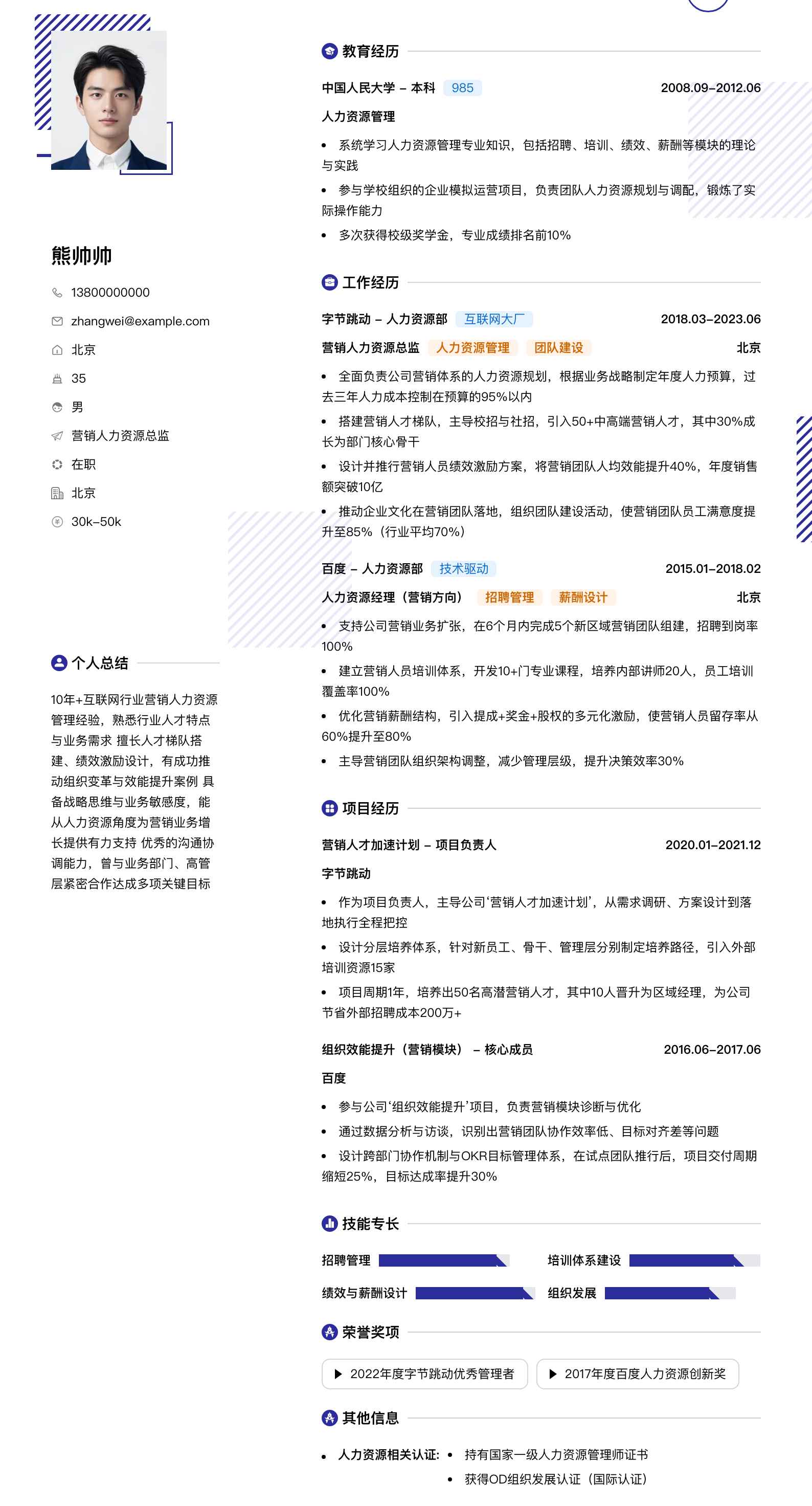 营销人力资源总监简历模板