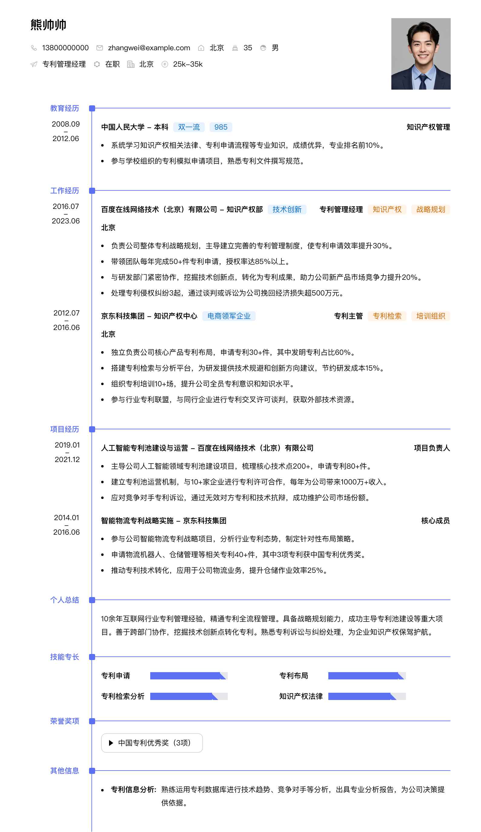 专利管理经理简历模板
