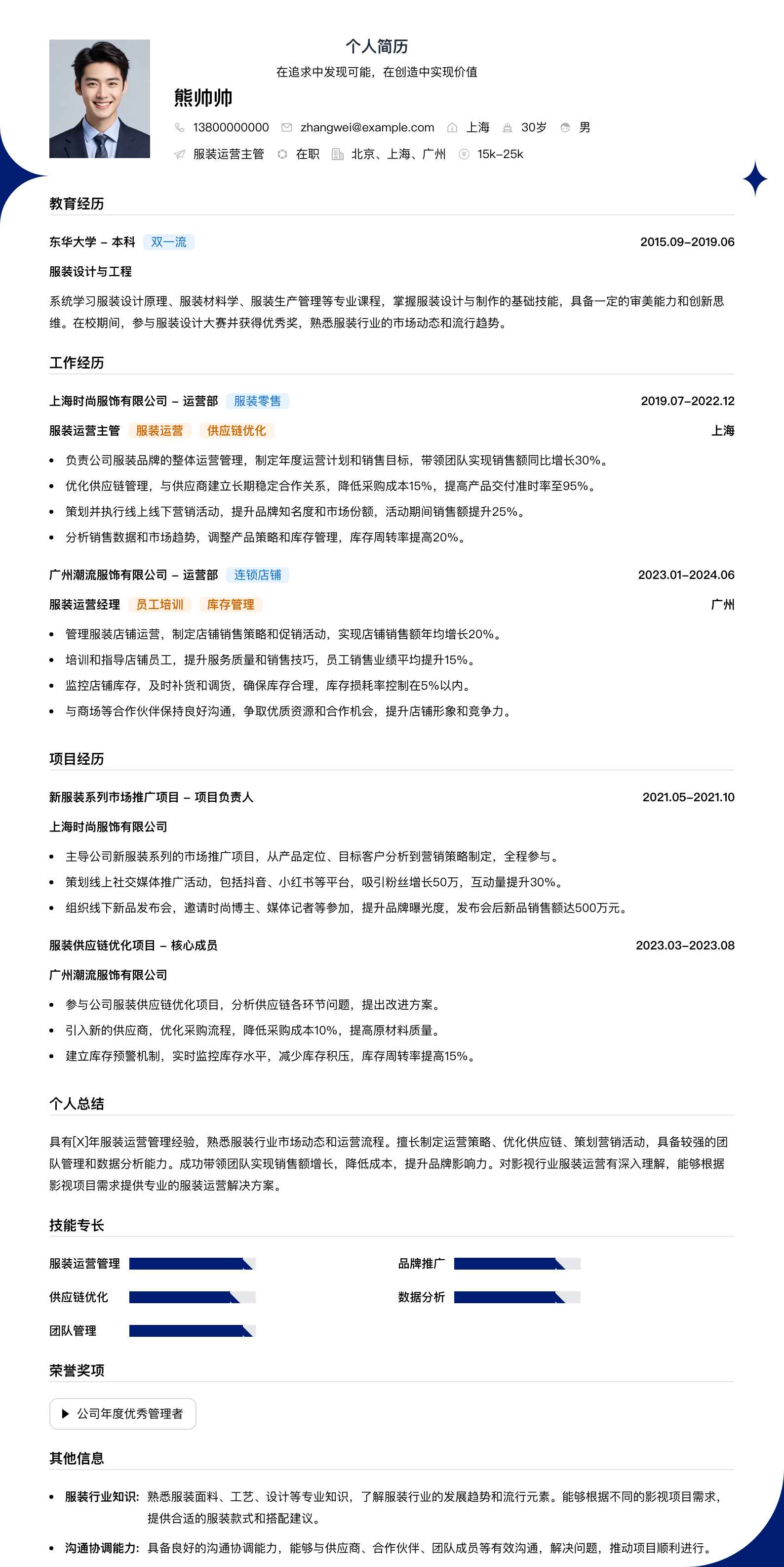 服装运营主管简历模板