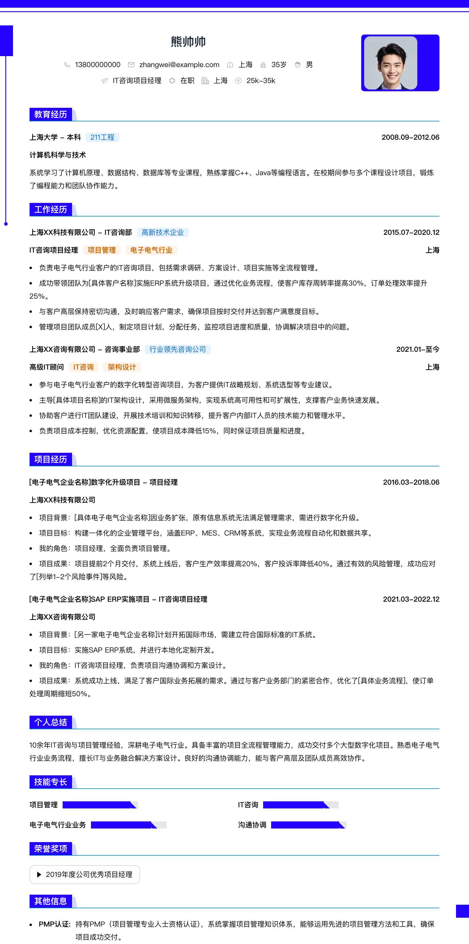 it咨询项目经理简历模板