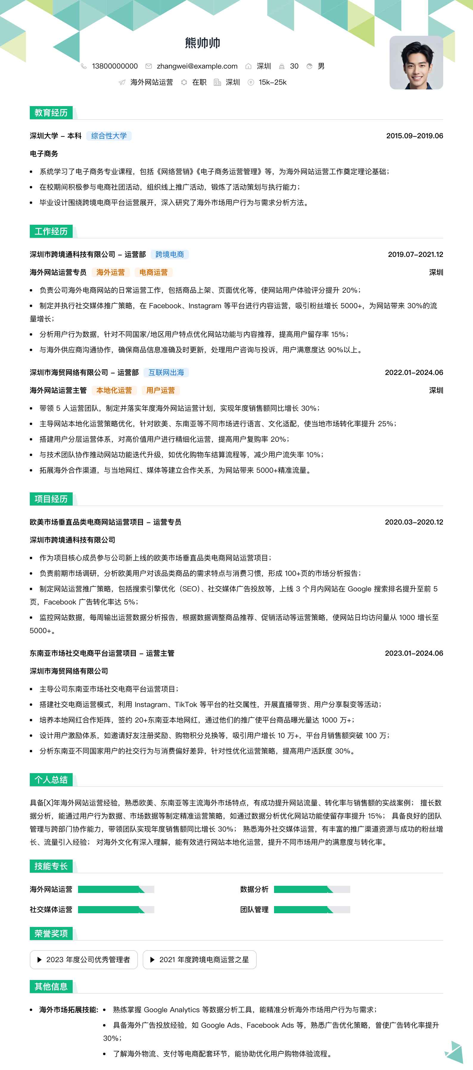 海外网站运营简历模板
