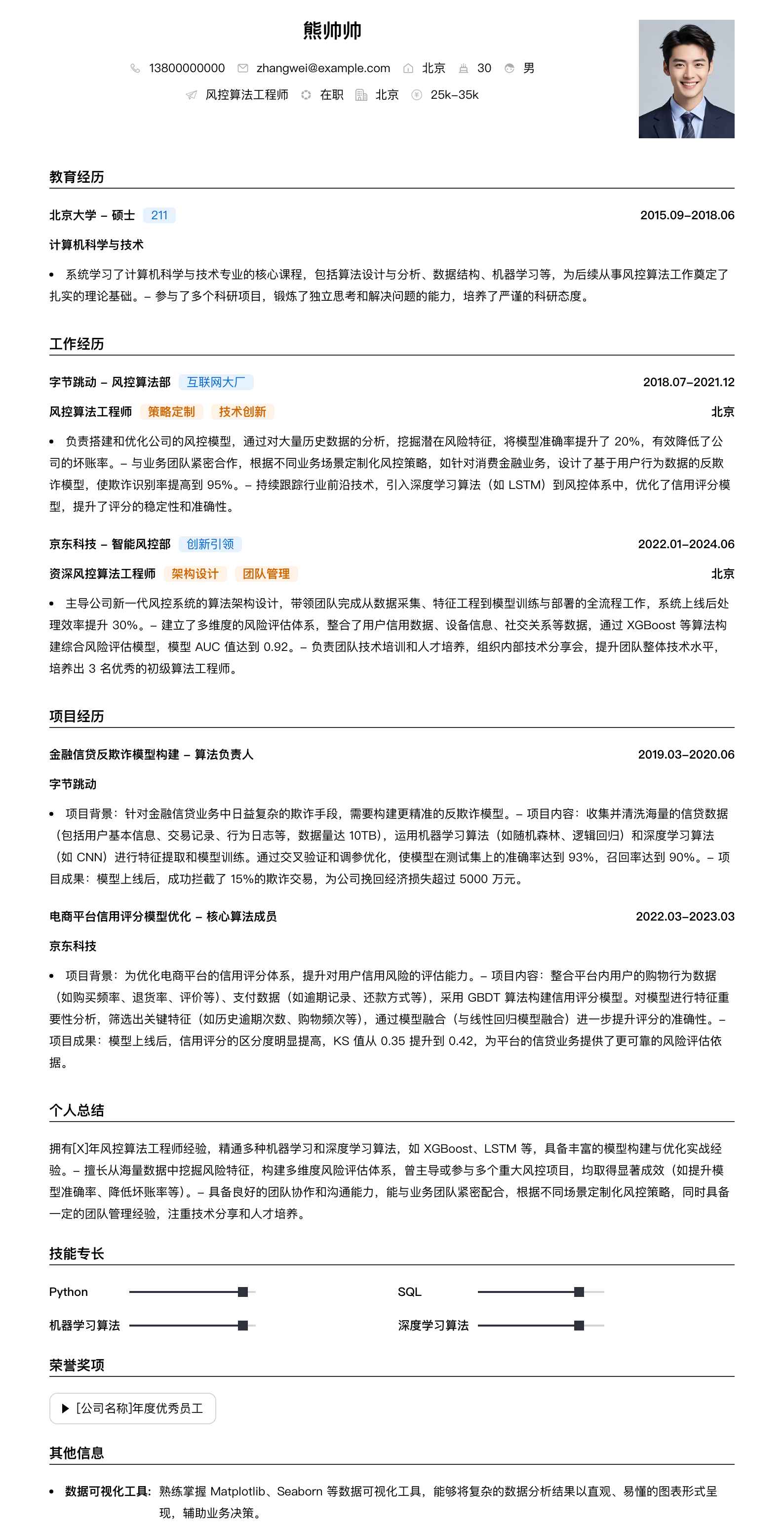 风控算法工程师简历模板