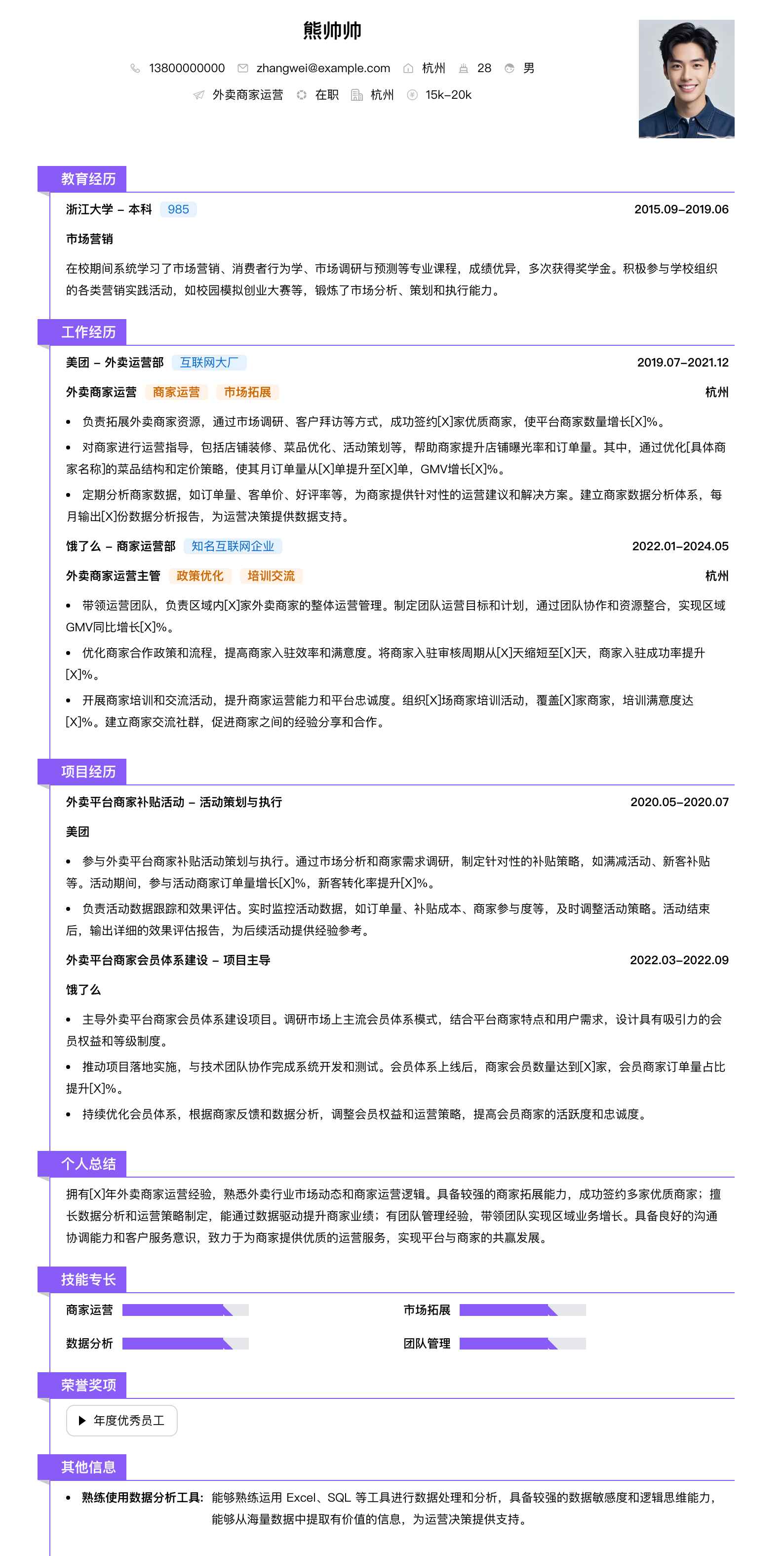 外卖商家运营简历模板