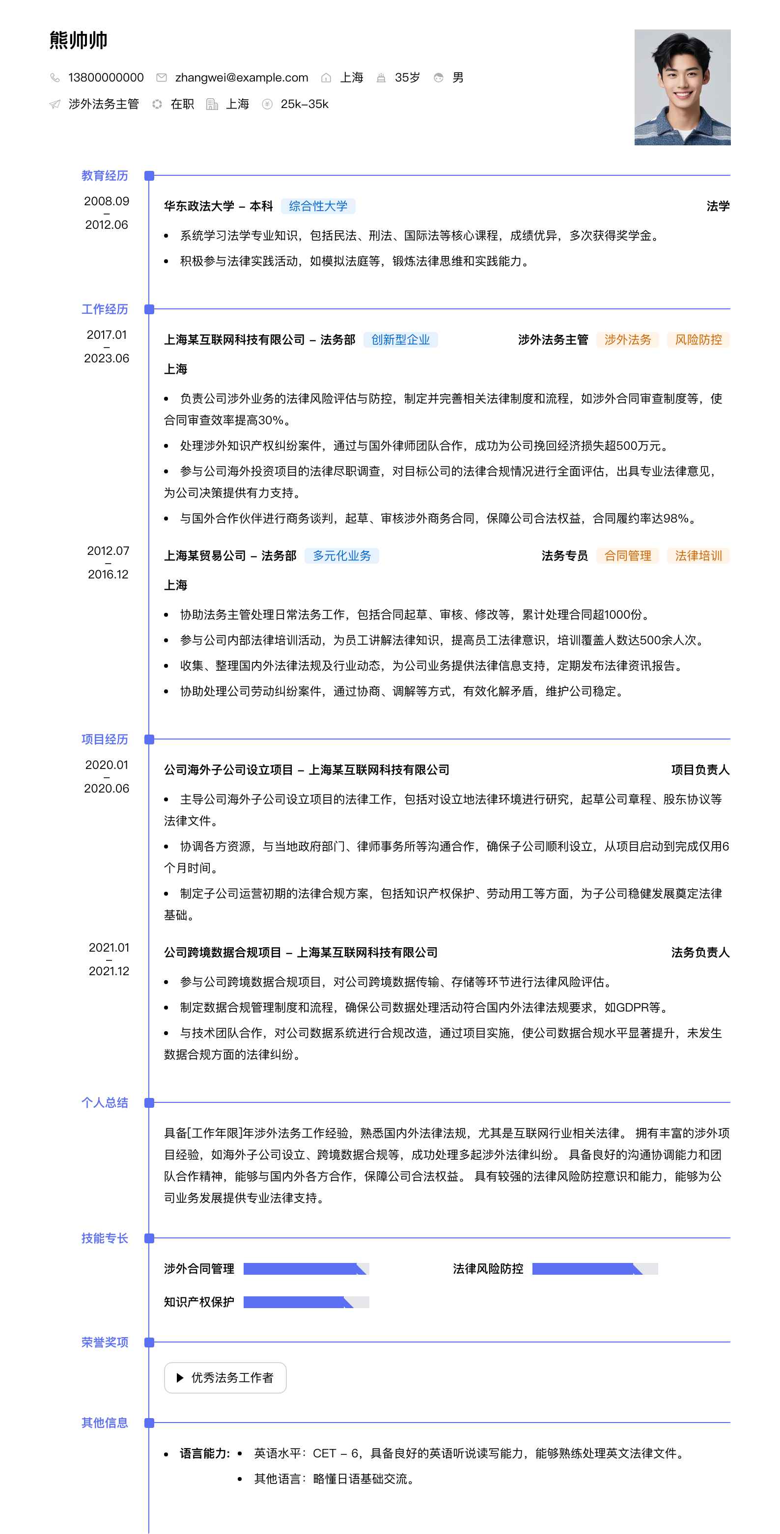 涉外法务主管简历模板