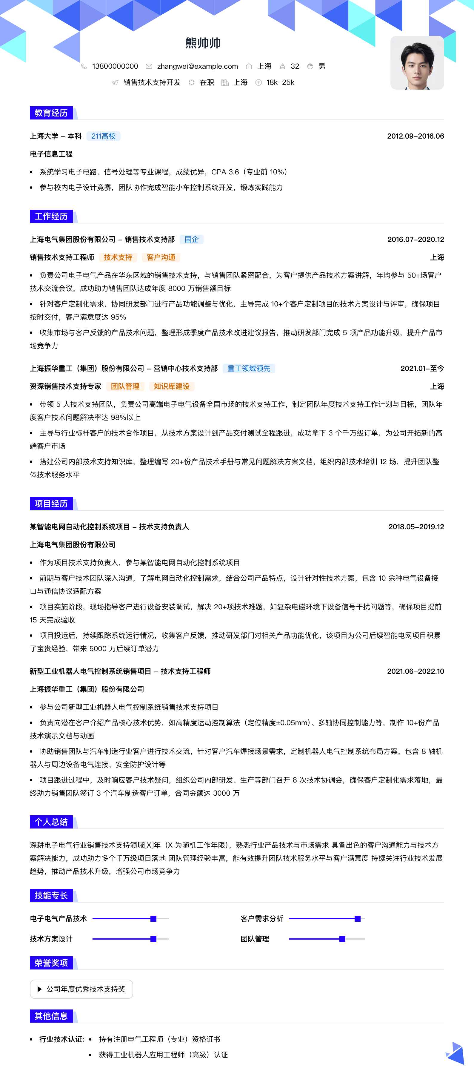销售技术支持简历模板