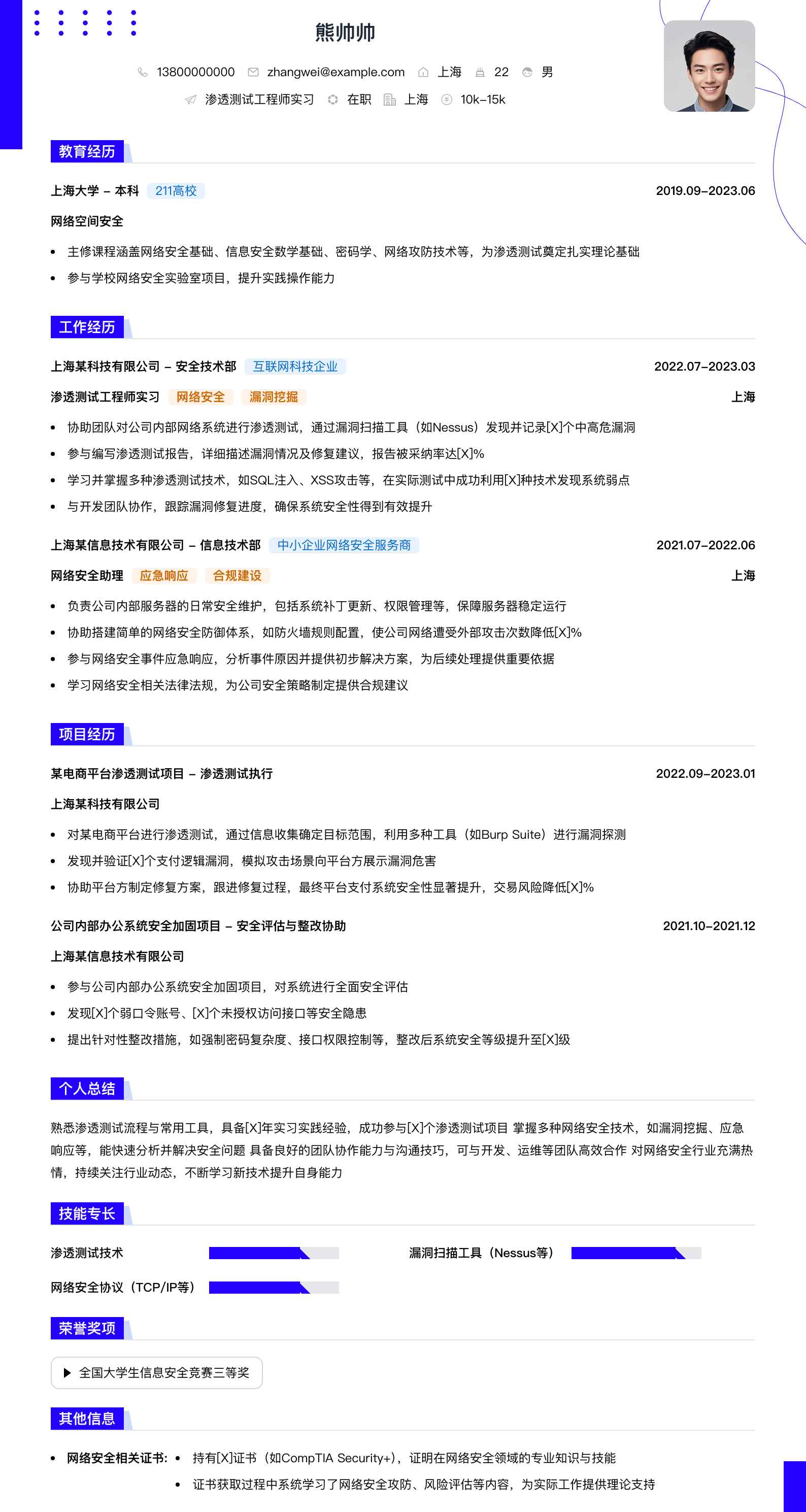 渗透测试工程师实习简历模板