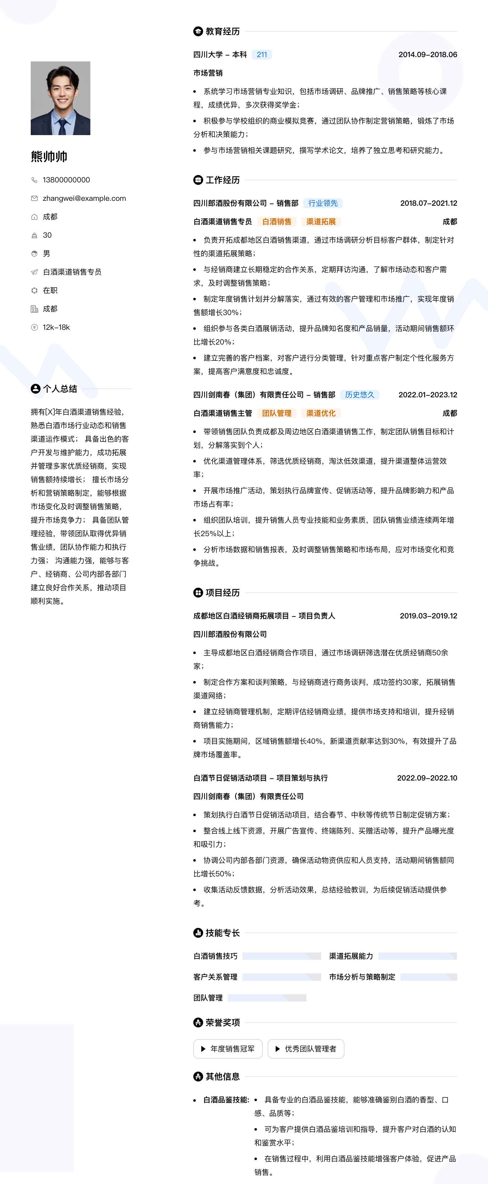 白酒渠道销售专员简历模板