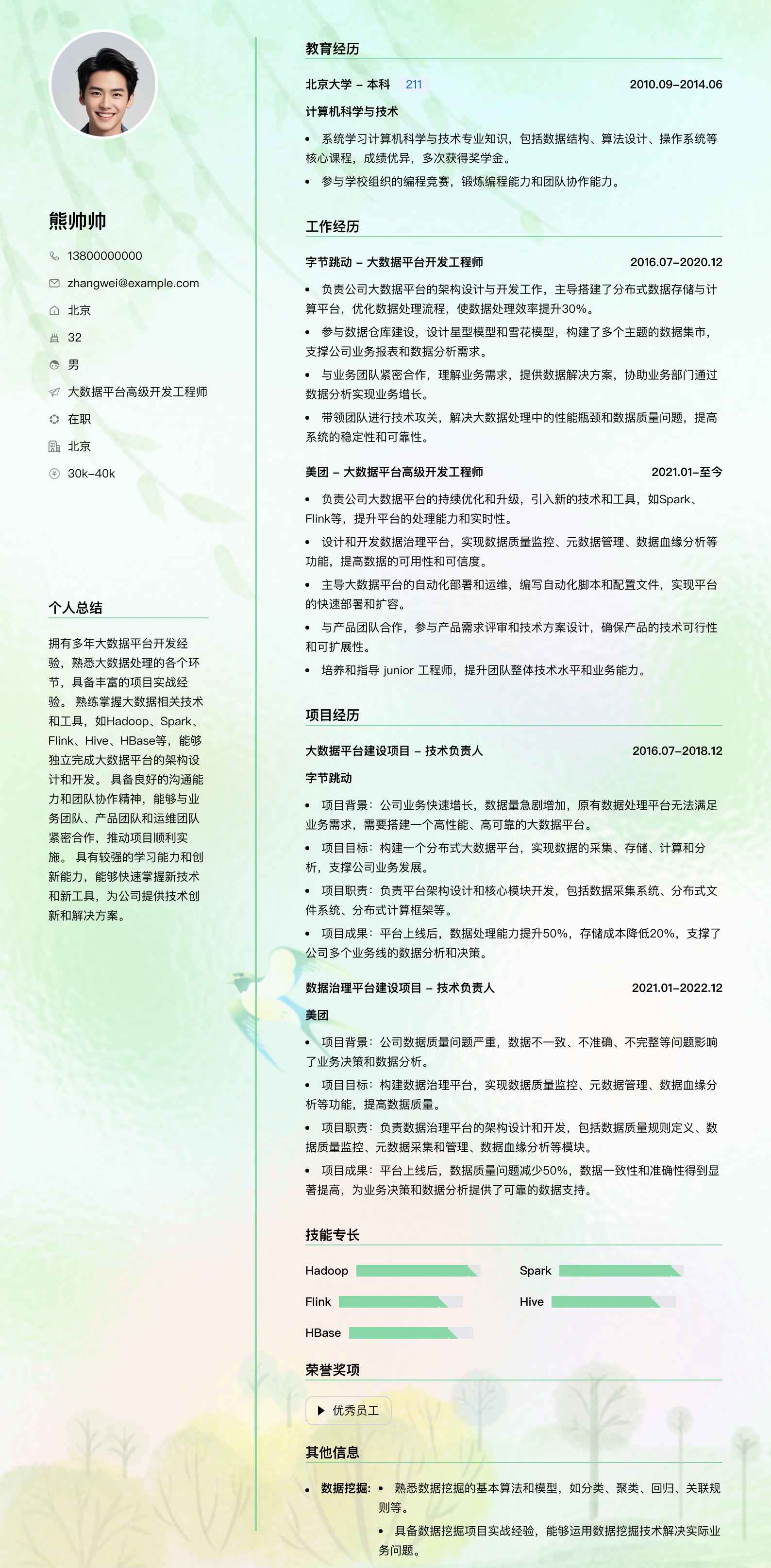 大数据平台高级开发工程师简历模板