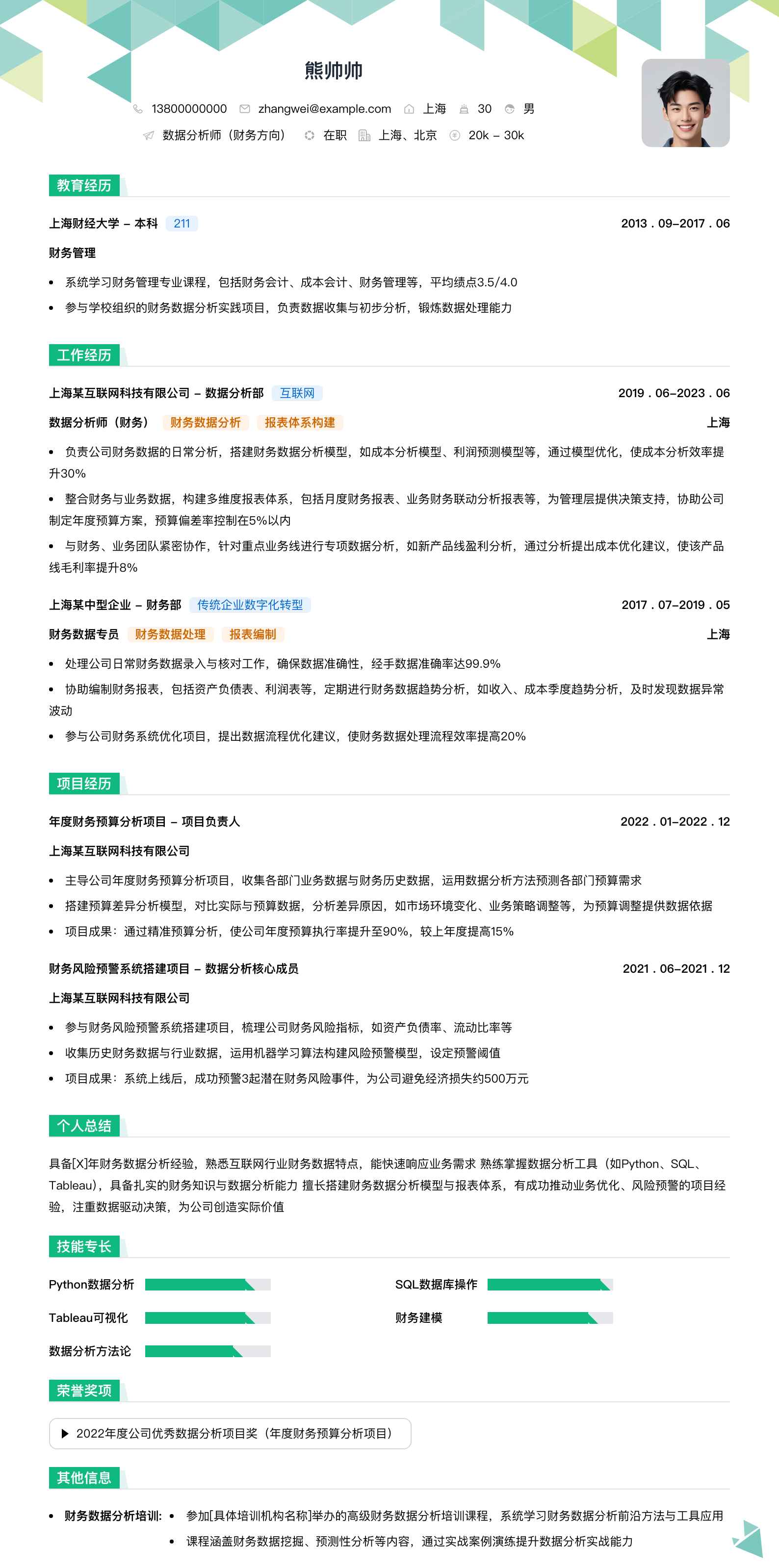 数据分析师财务简历模板