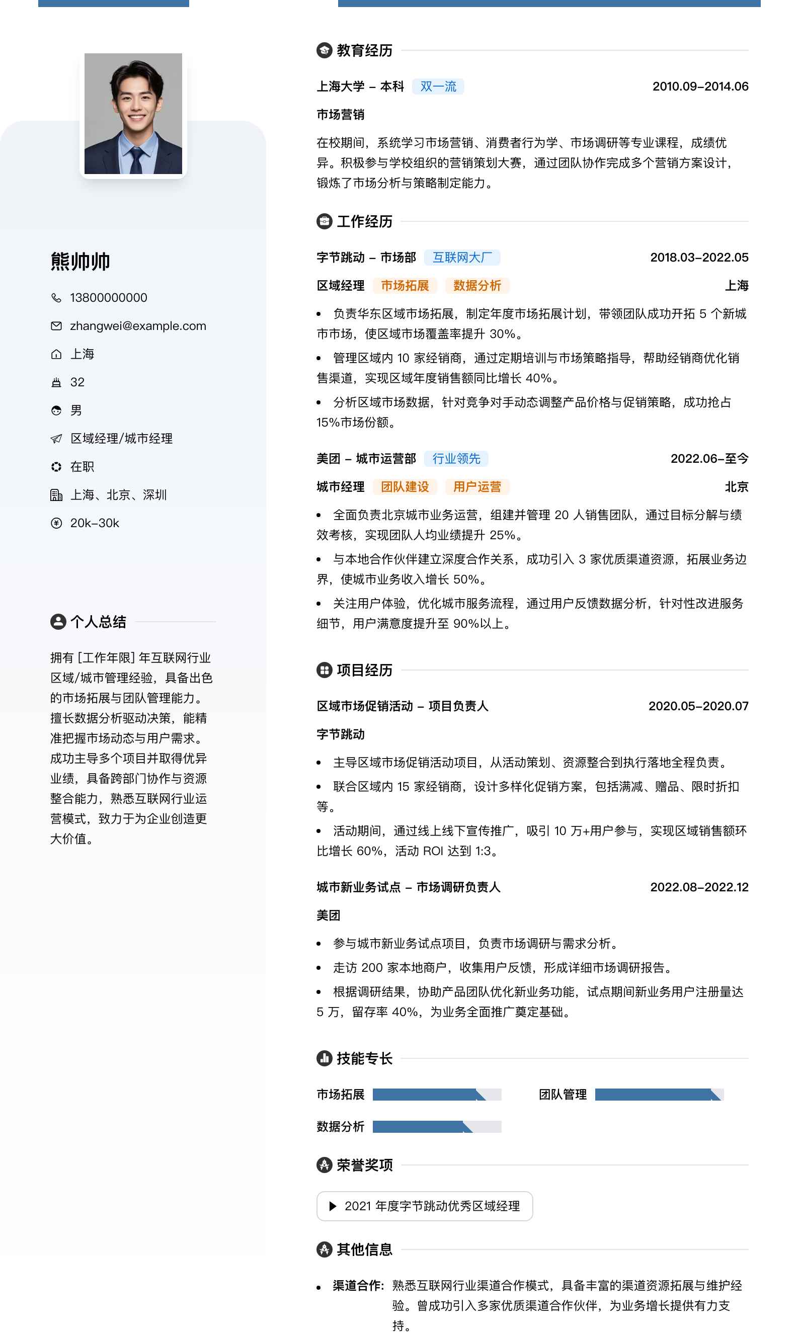 区域经理城市经理简历模板