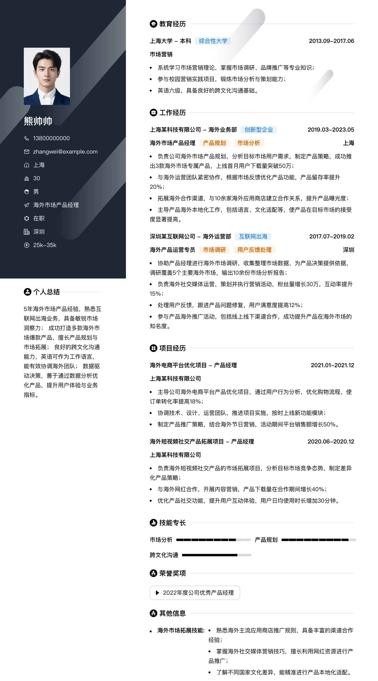 海外市场产品经理简历模板