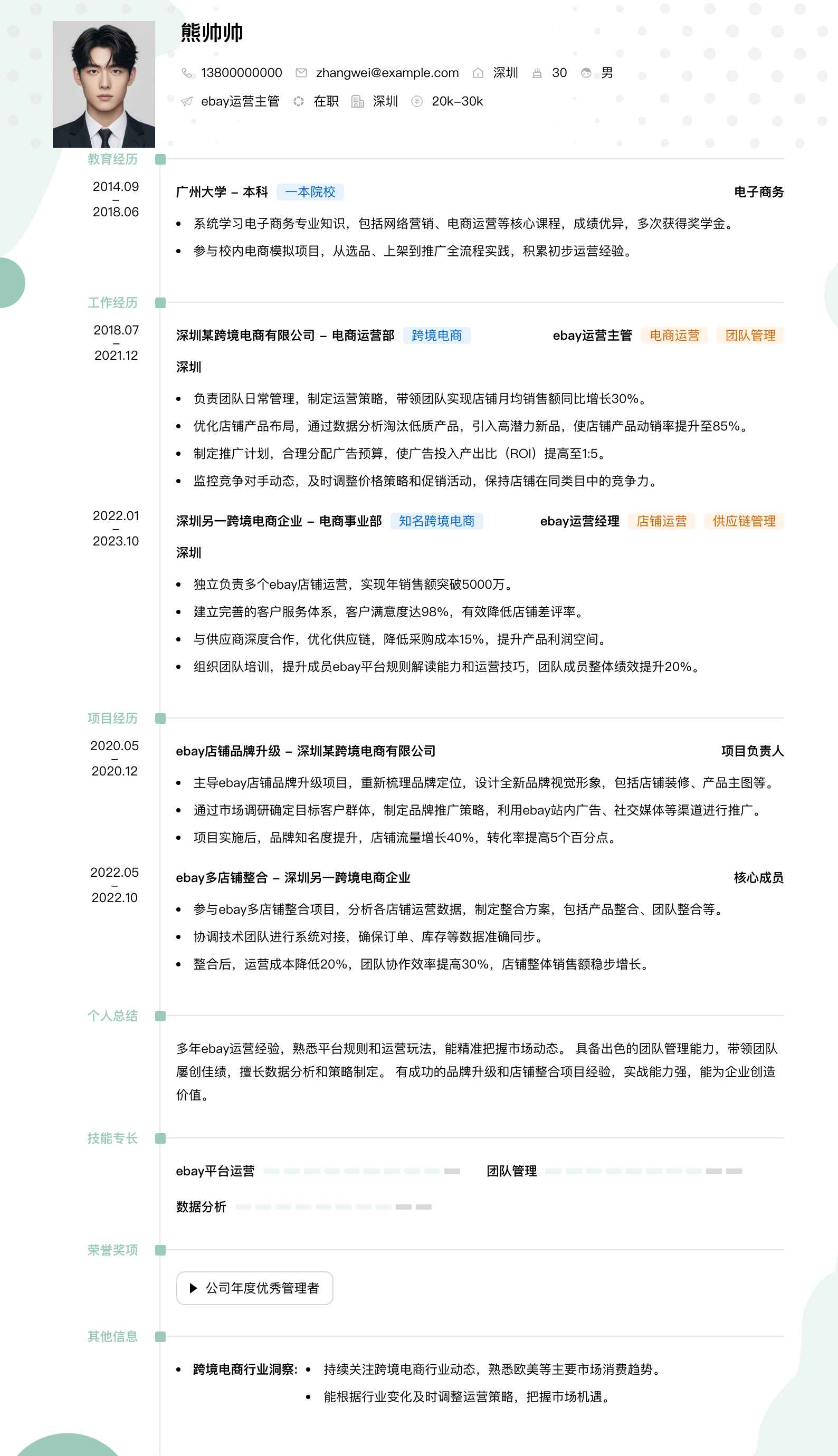 ebay运营主管简历模板