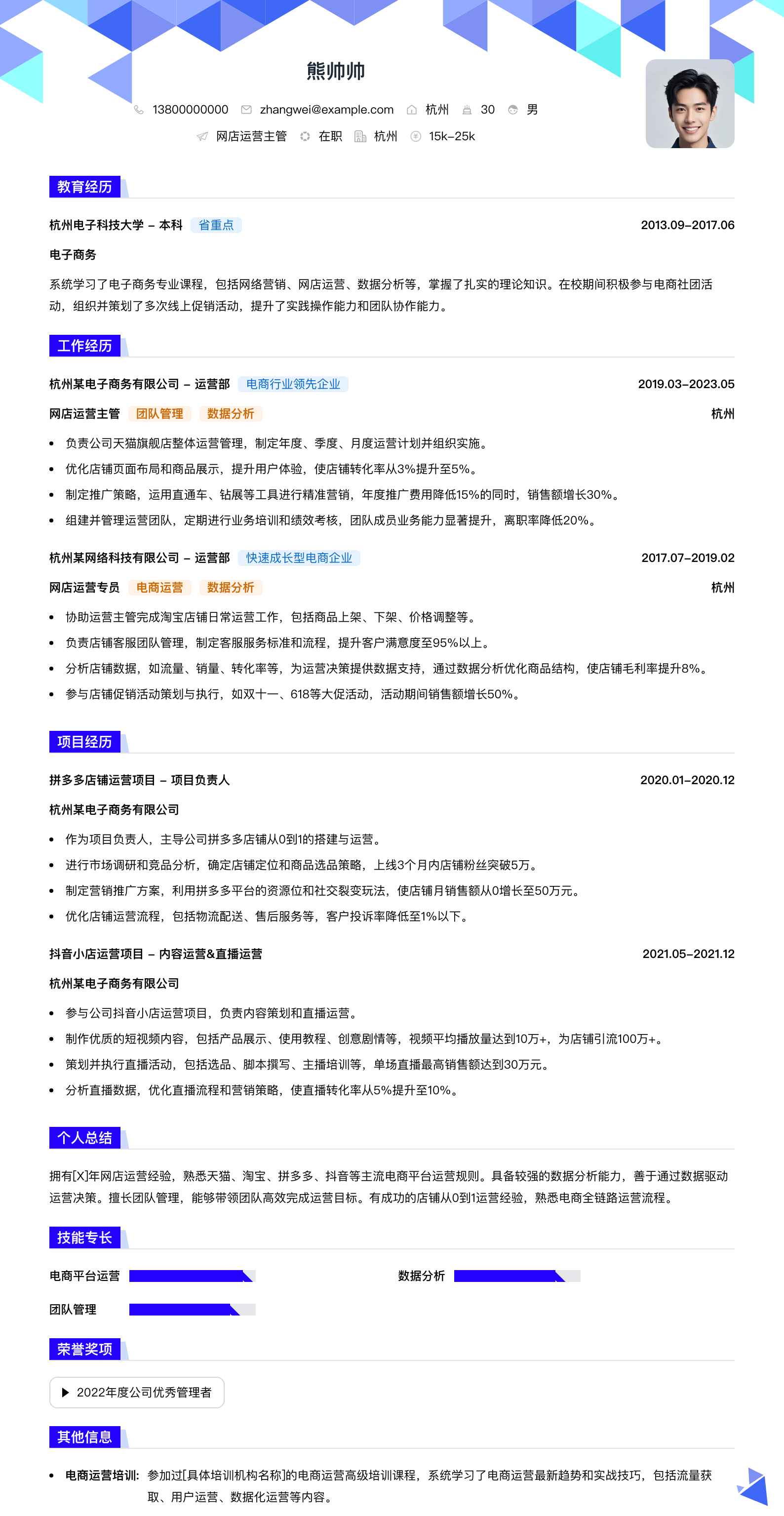 网店运营主管简历模板