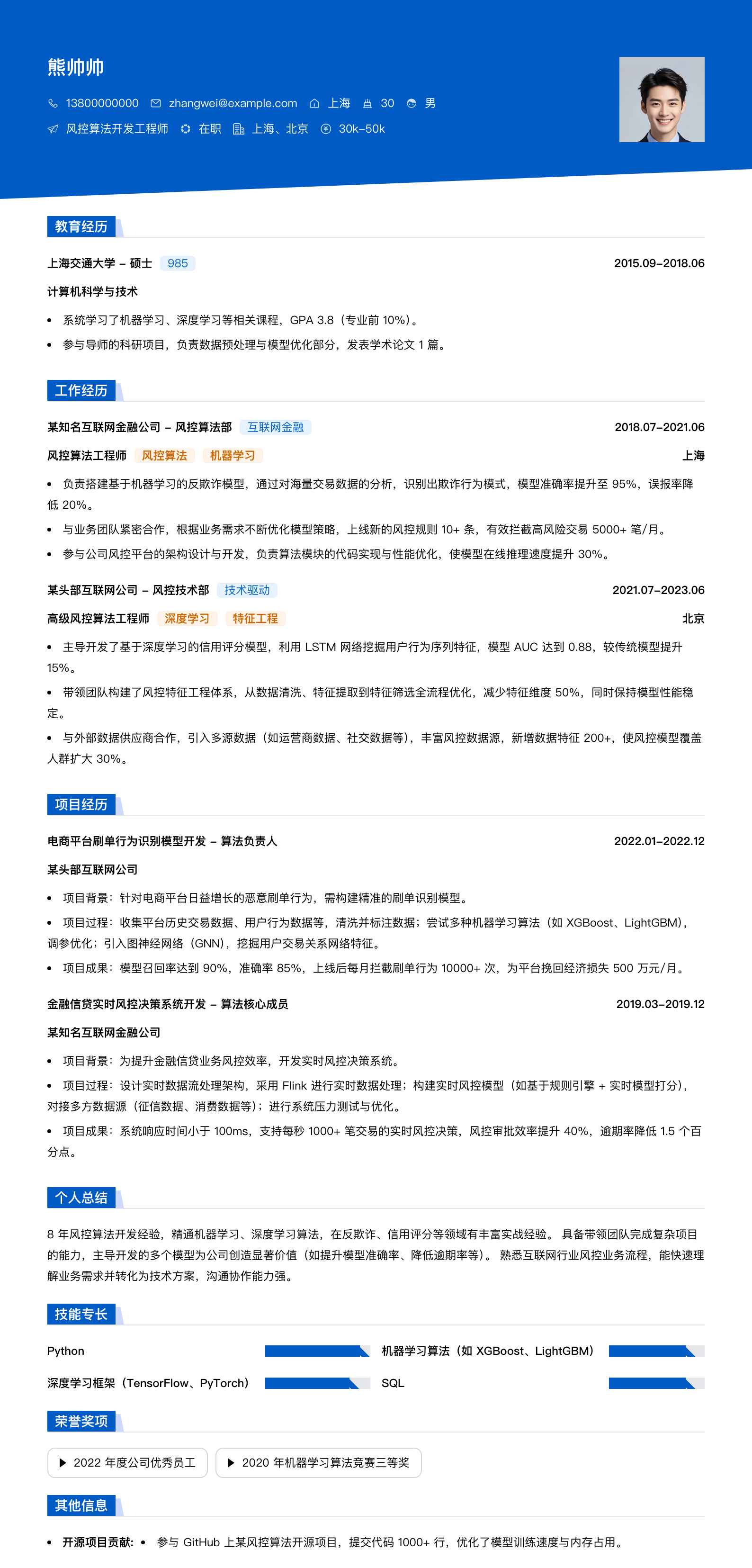风控算法简历模板