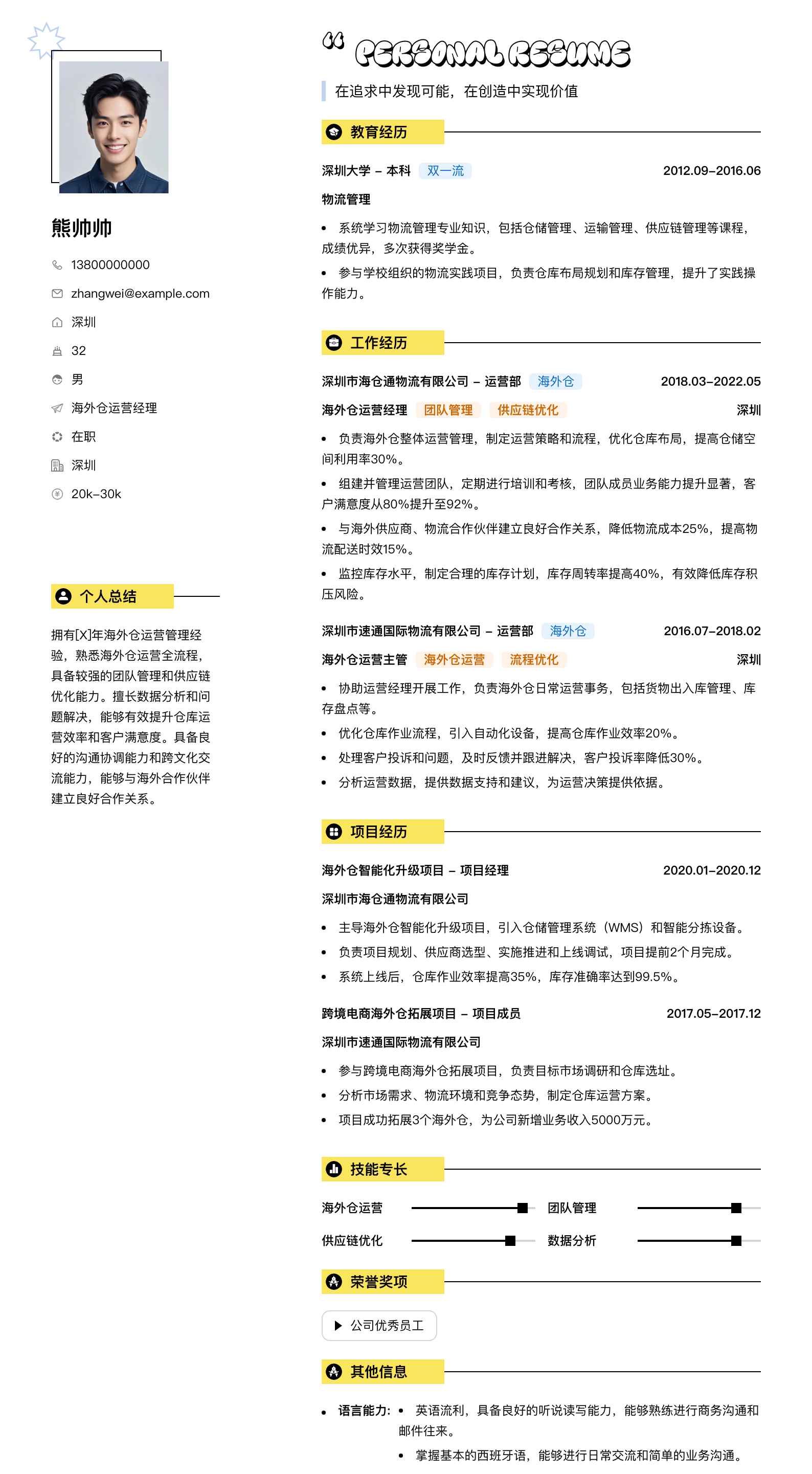 海外仓运营经理简历模板