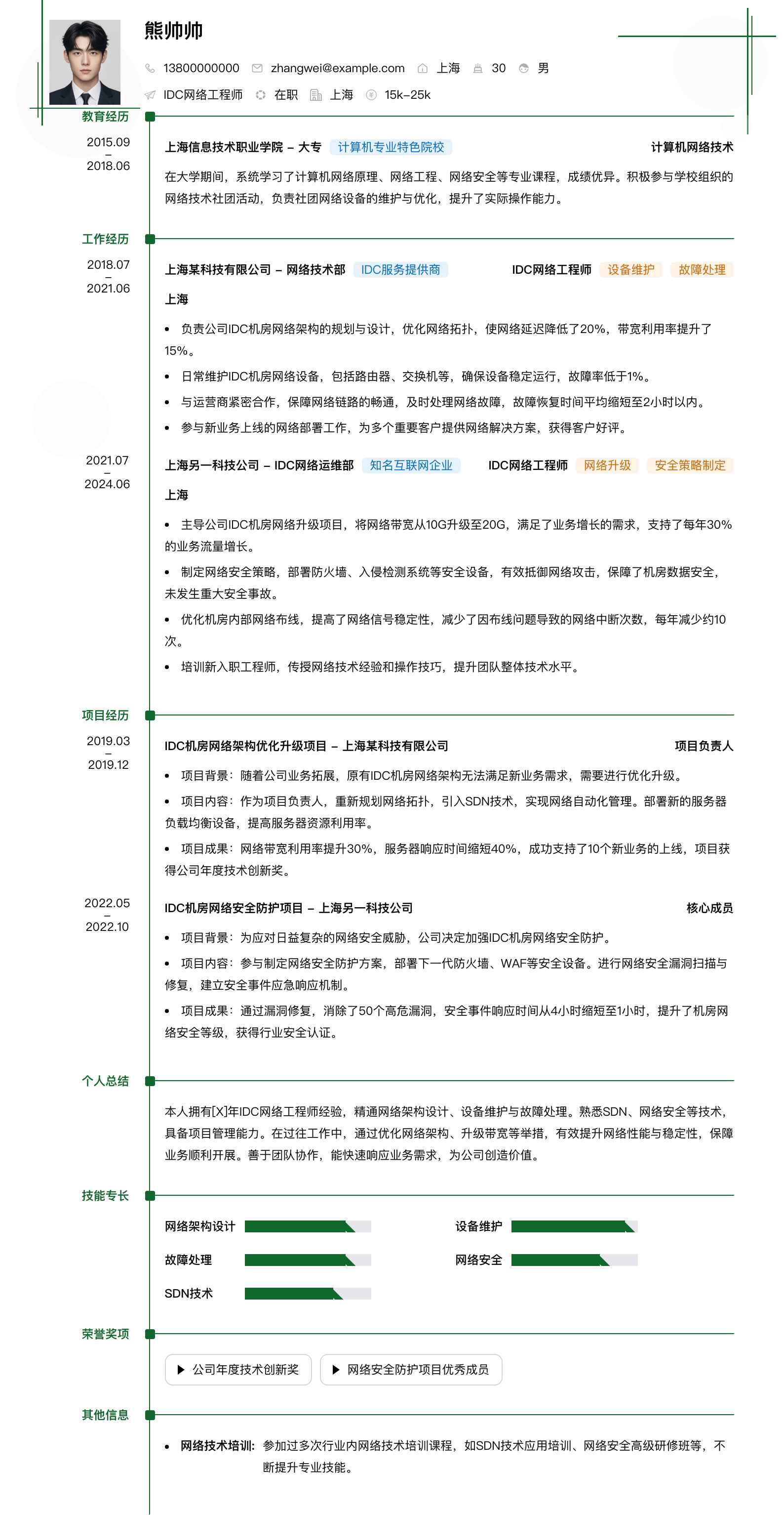 idc网络工程师简历模板