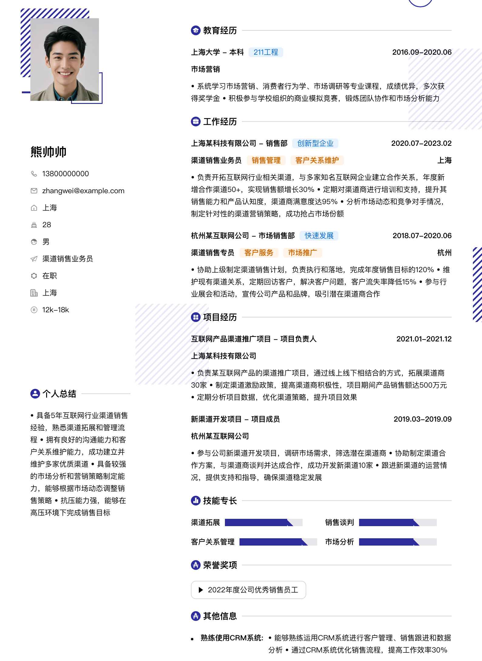 渠道销售业务员简历模板
