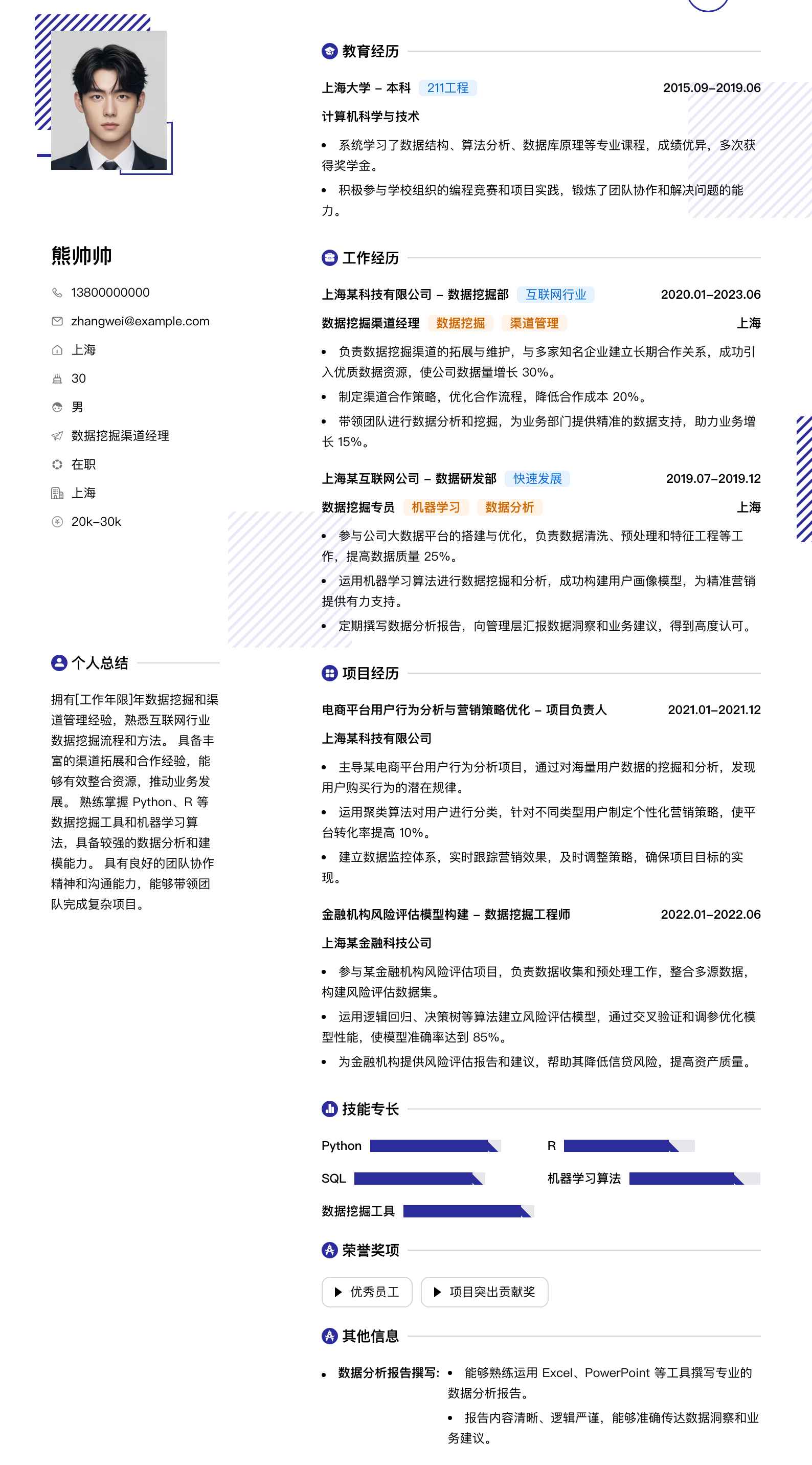 数据挖掘渠道经理简历模板