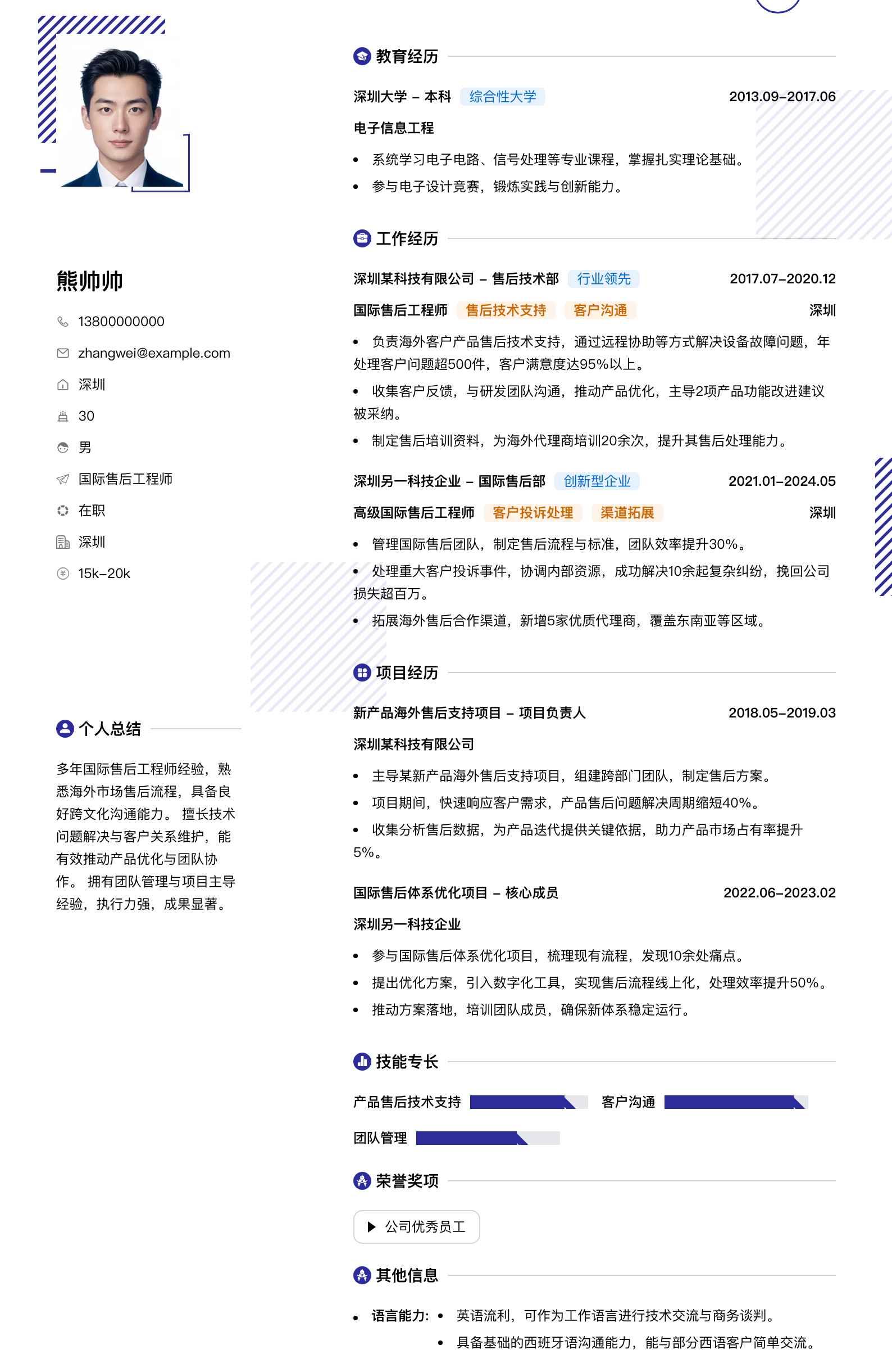 国际售后工程师简历模板