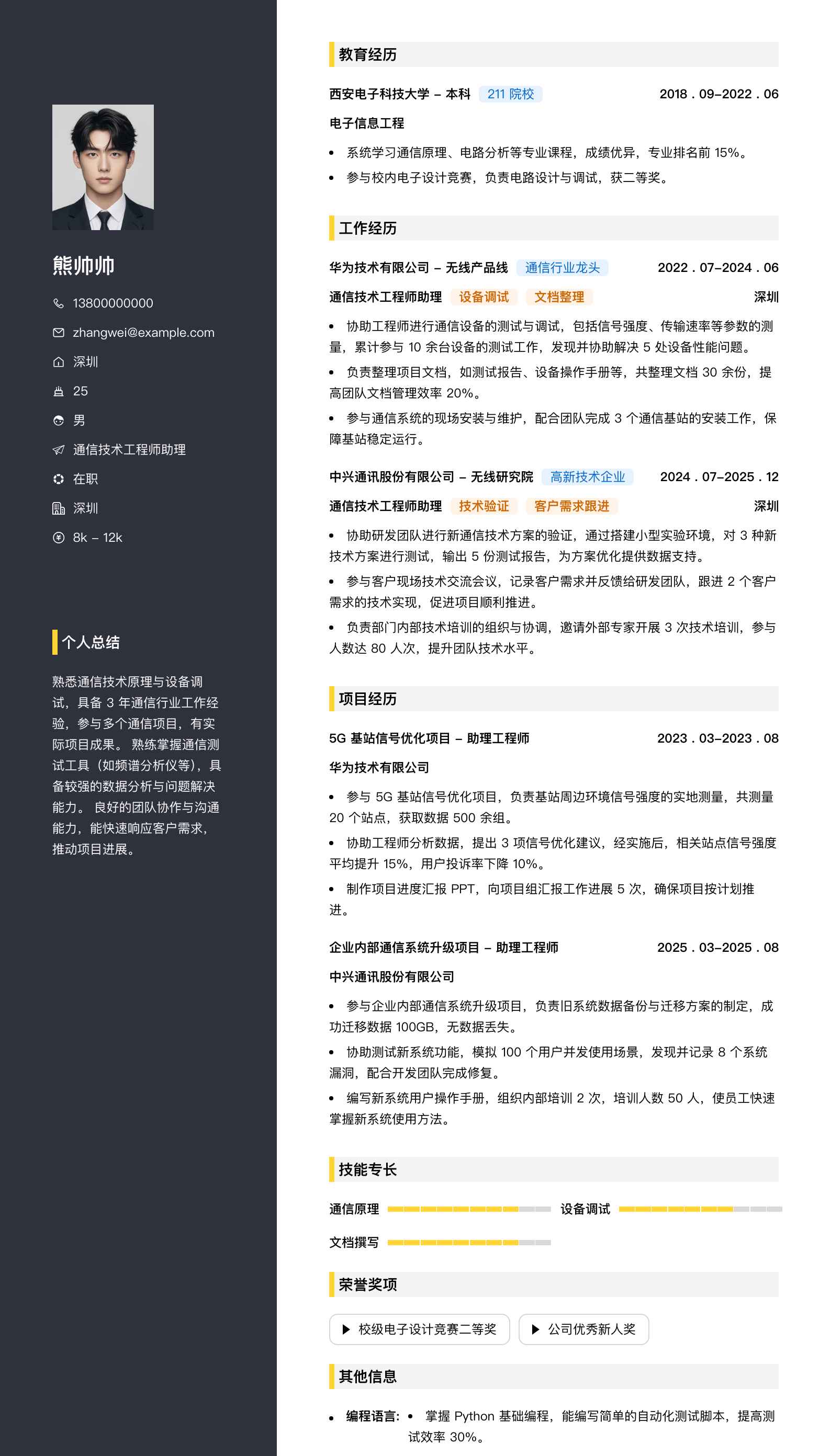 通信技术工程师助理简历模板