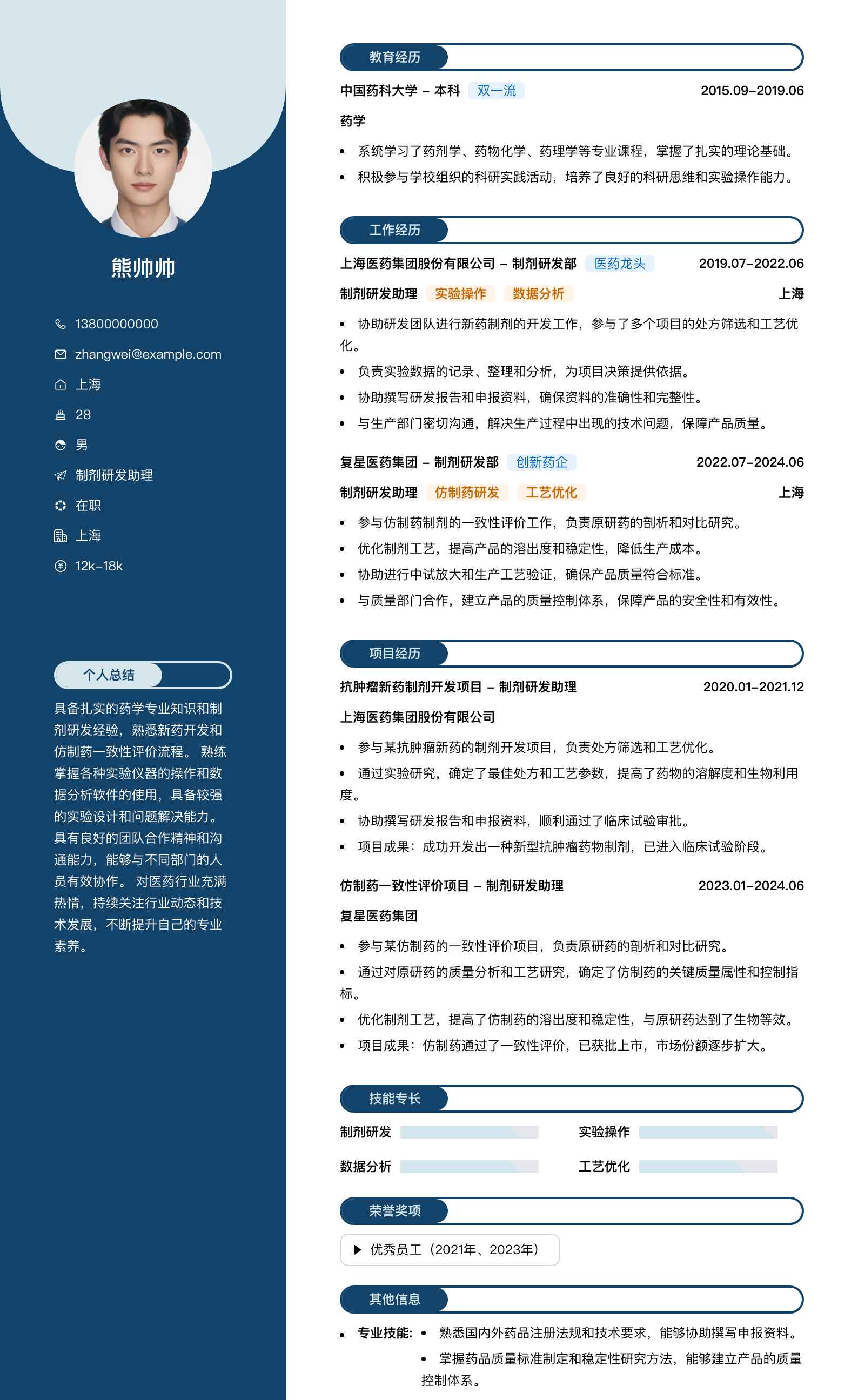 制剂研发助理简历模板