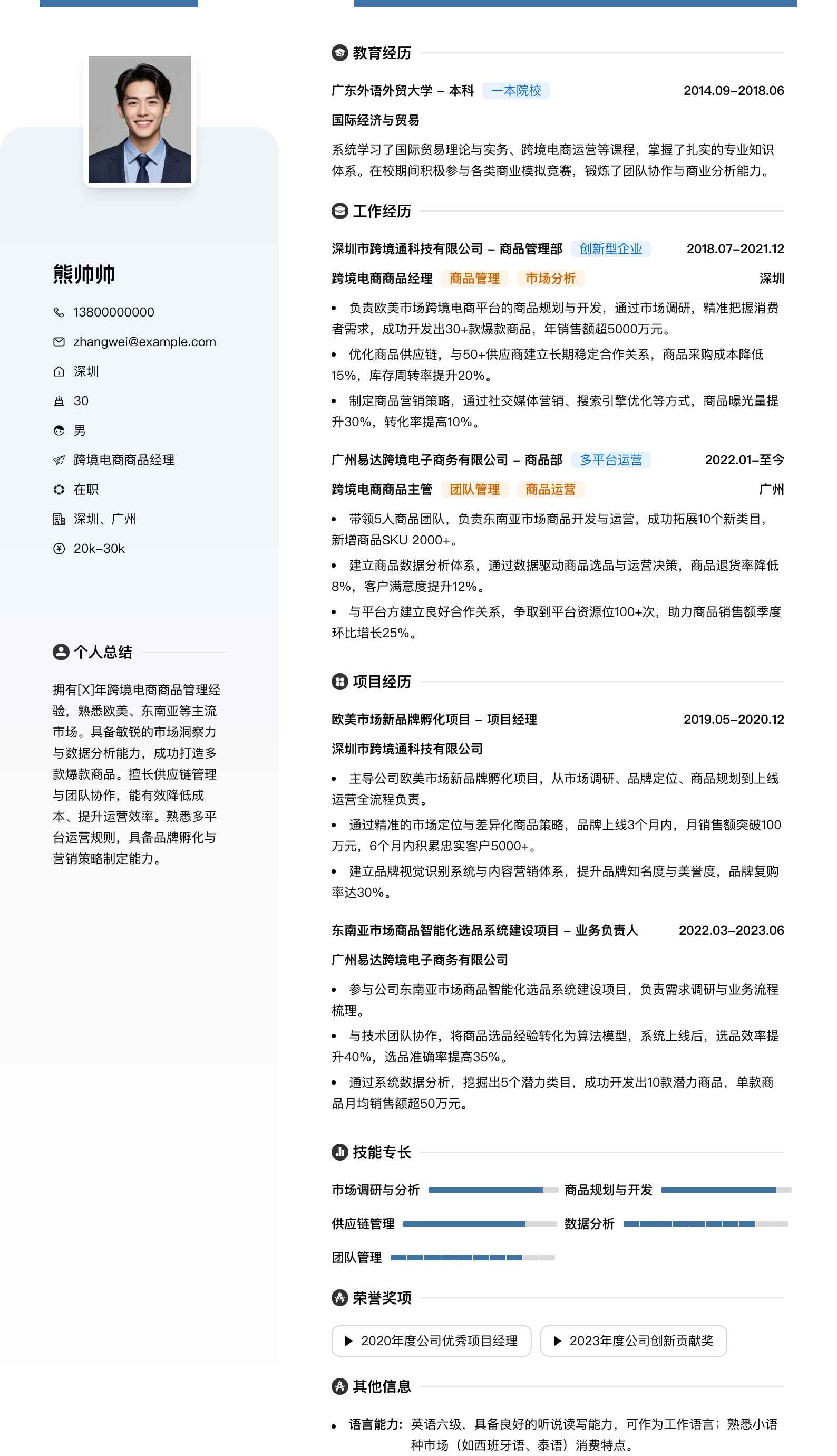 跨境电商商品经理简历模板