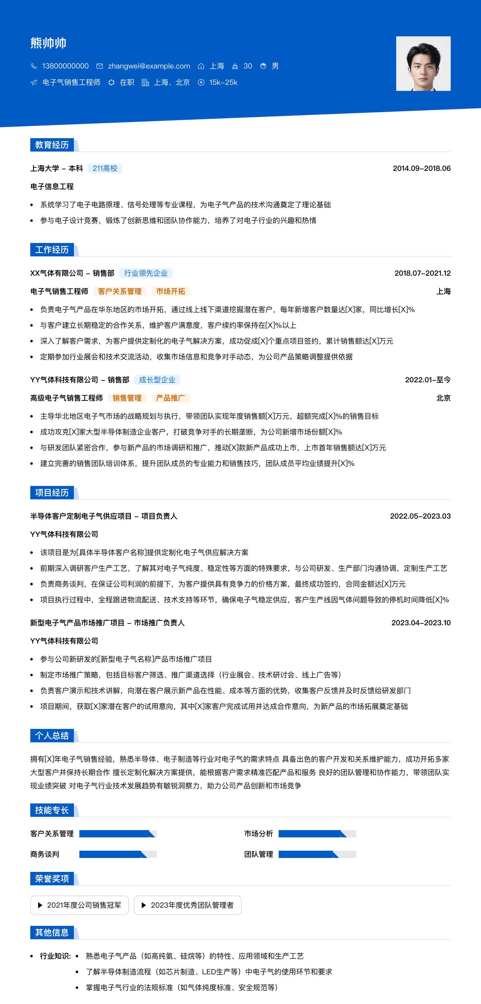 电子气销售工程师简历模板