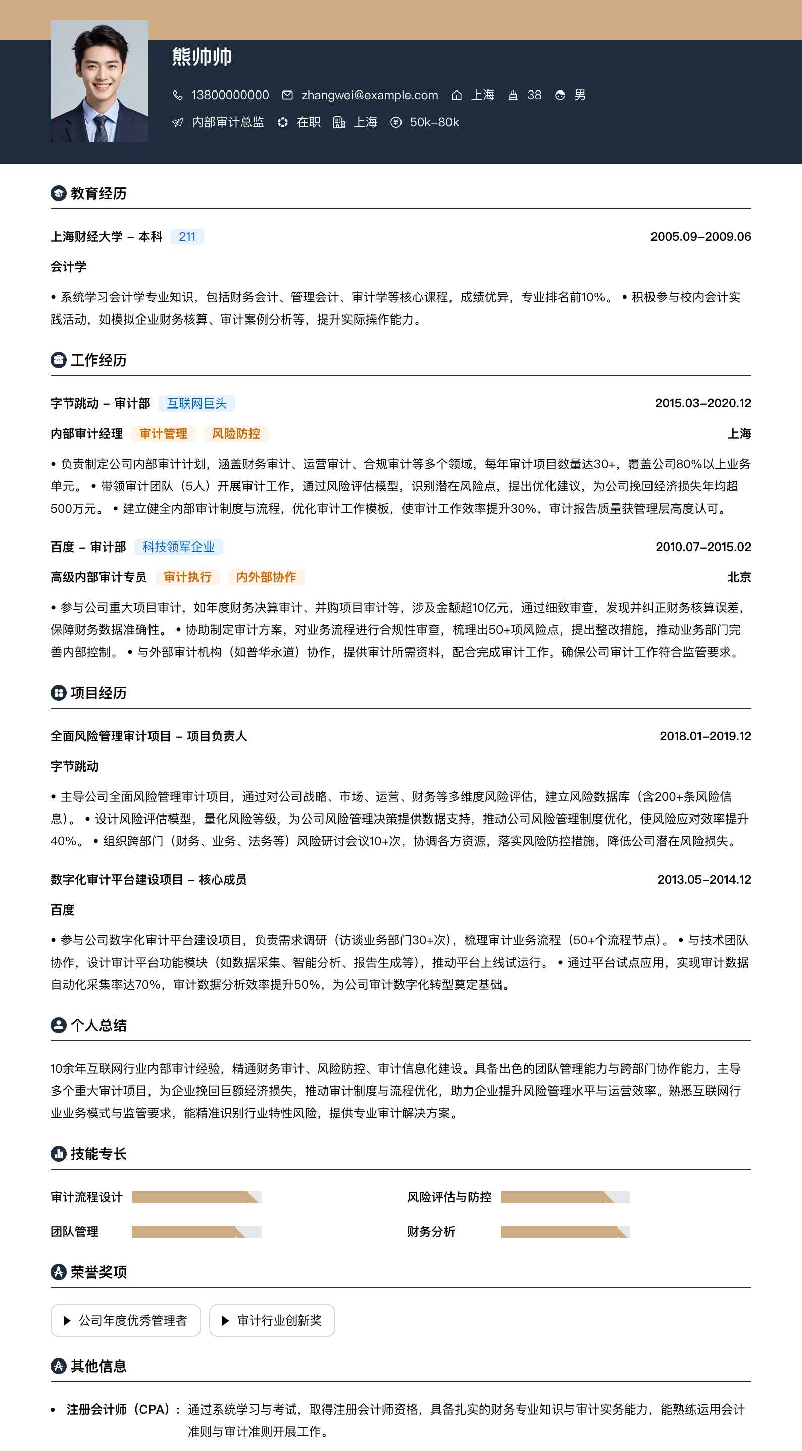 内部审计总监简历模板