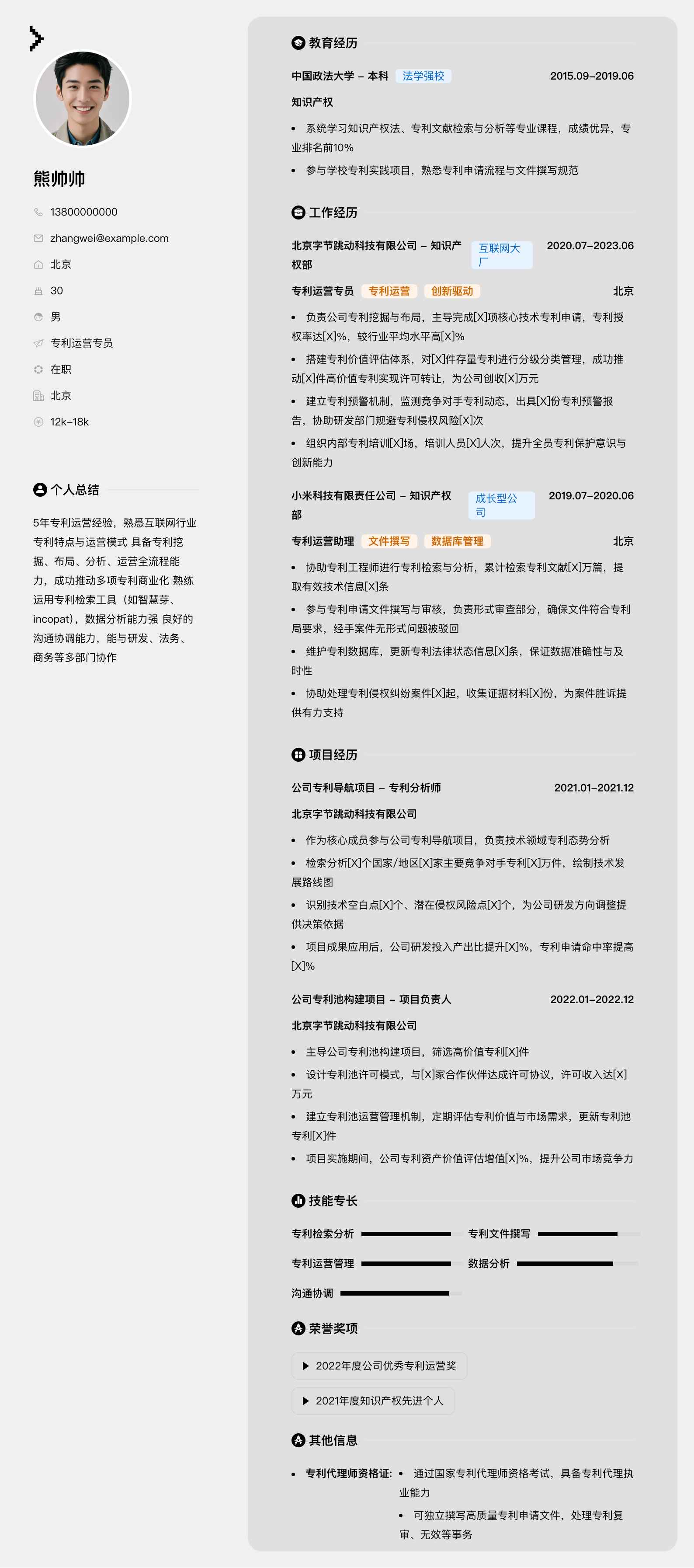 专利运营专员简历模板