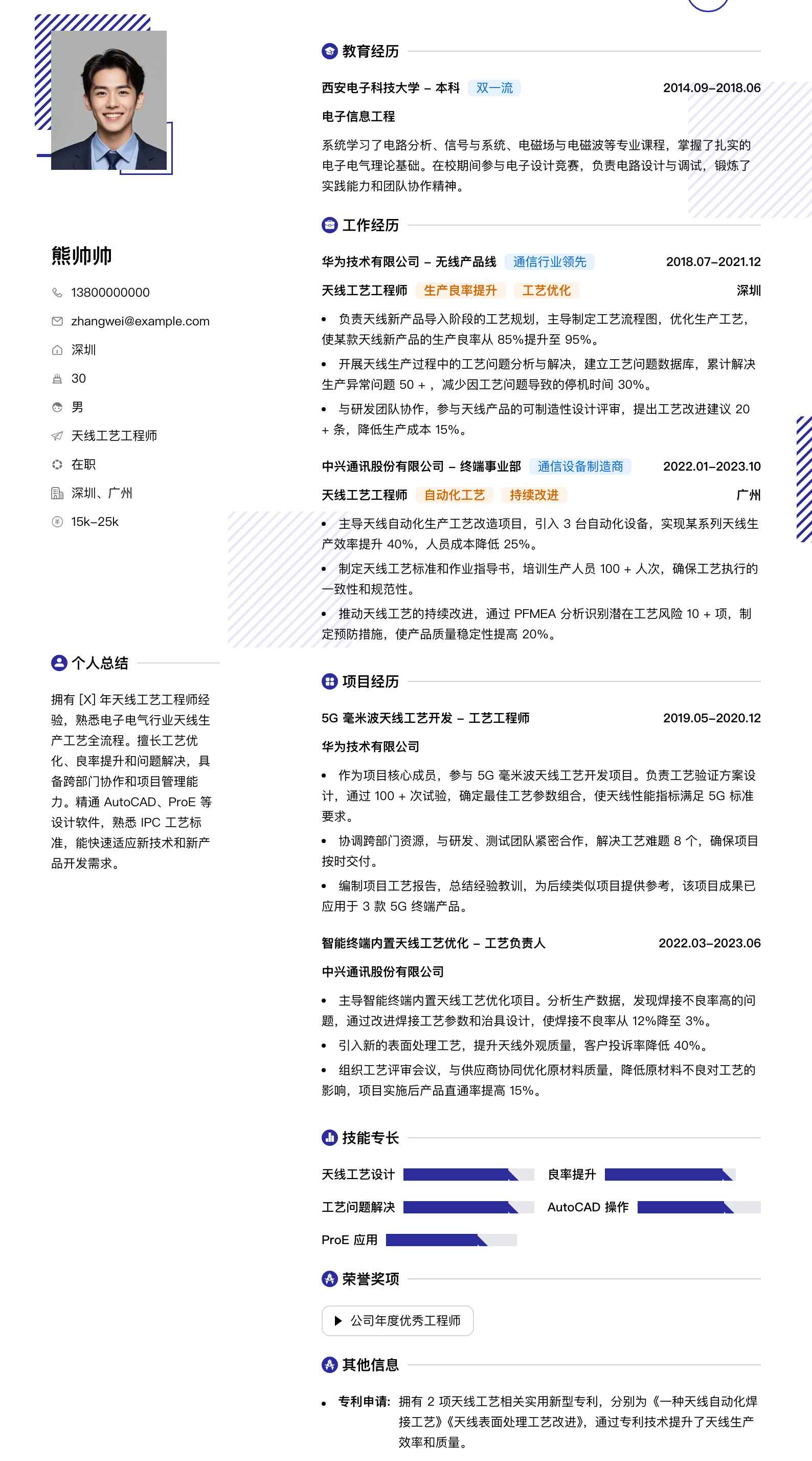 天线工艺工程师简历模板