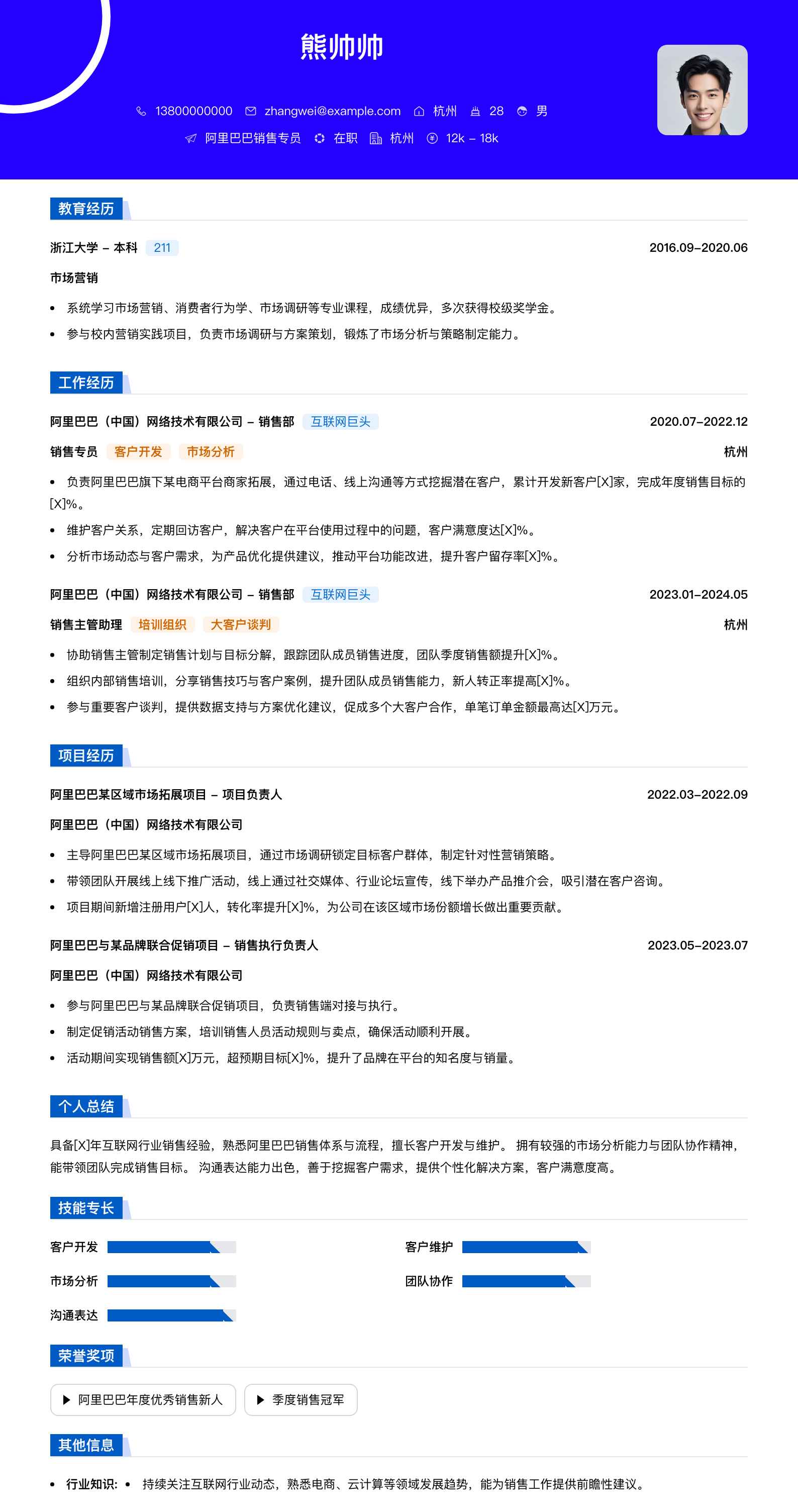 阿里巴巴销售专员简历模板
