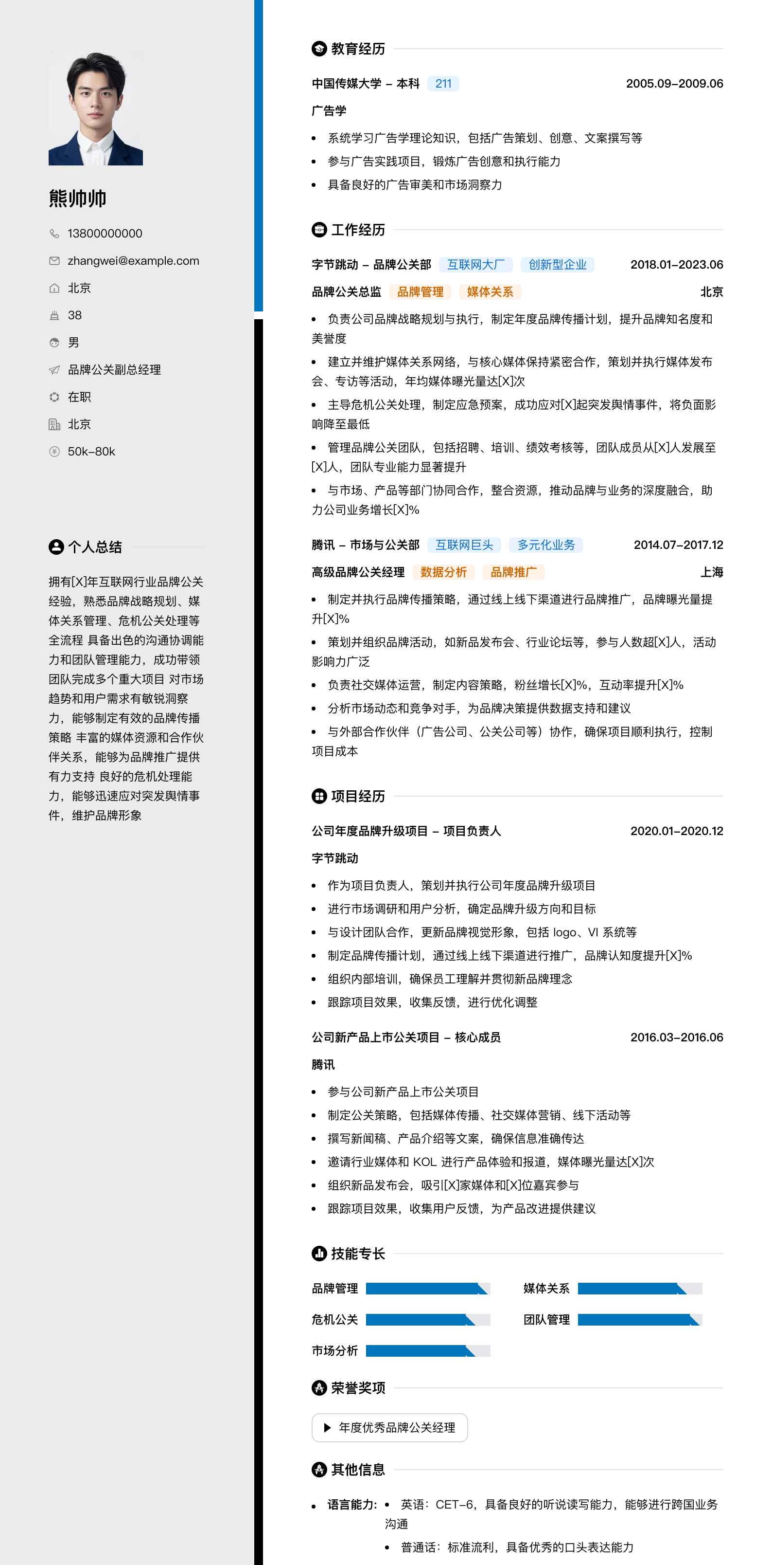 品牌公关副总经理简历模板