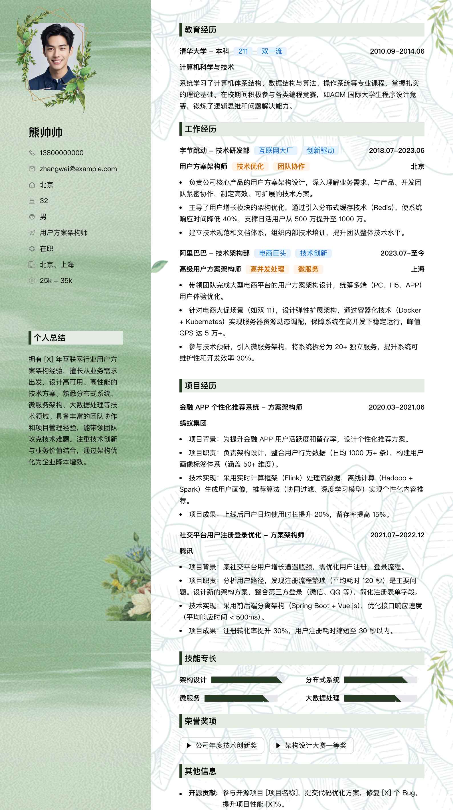 用户方案架构师简历模板