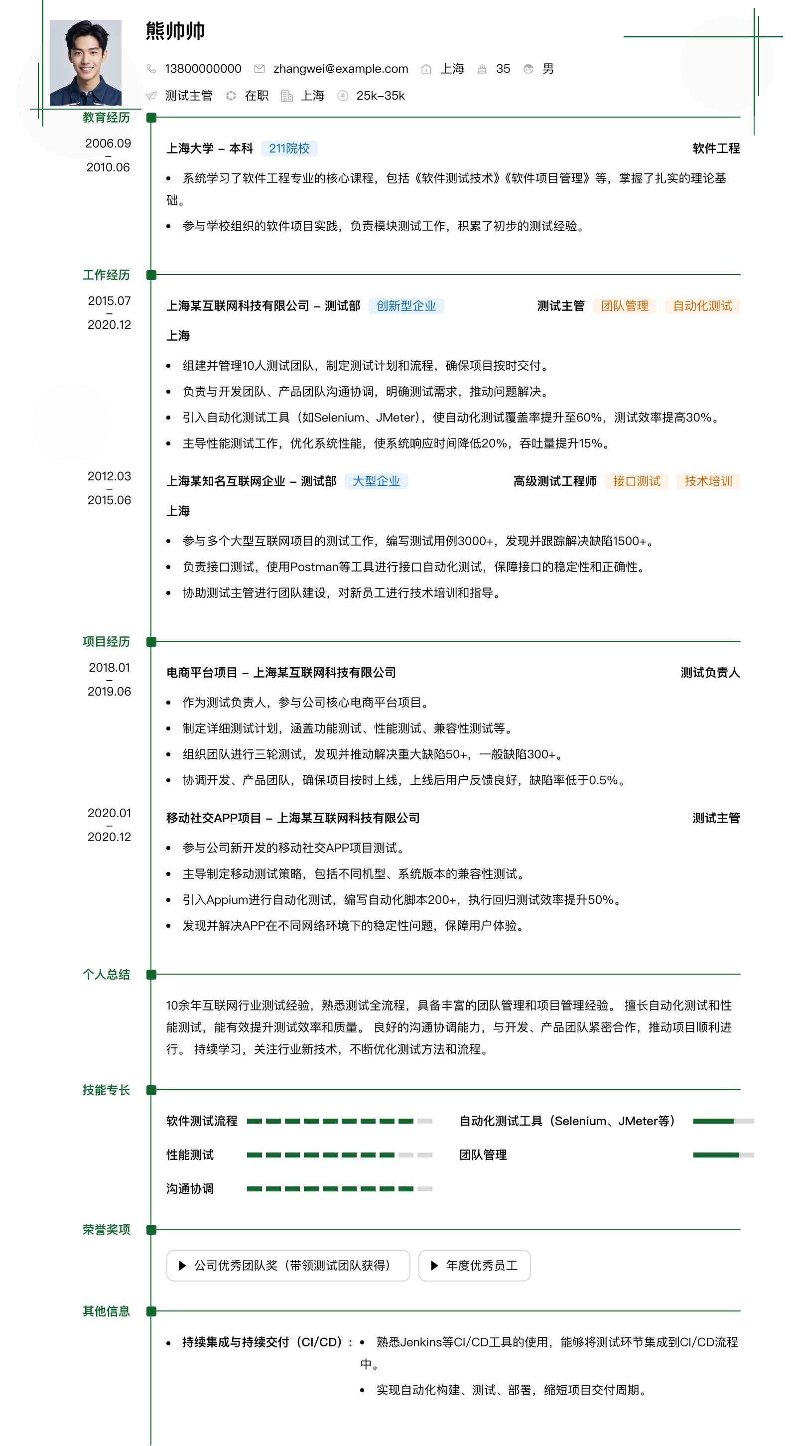 测试主管简历模板