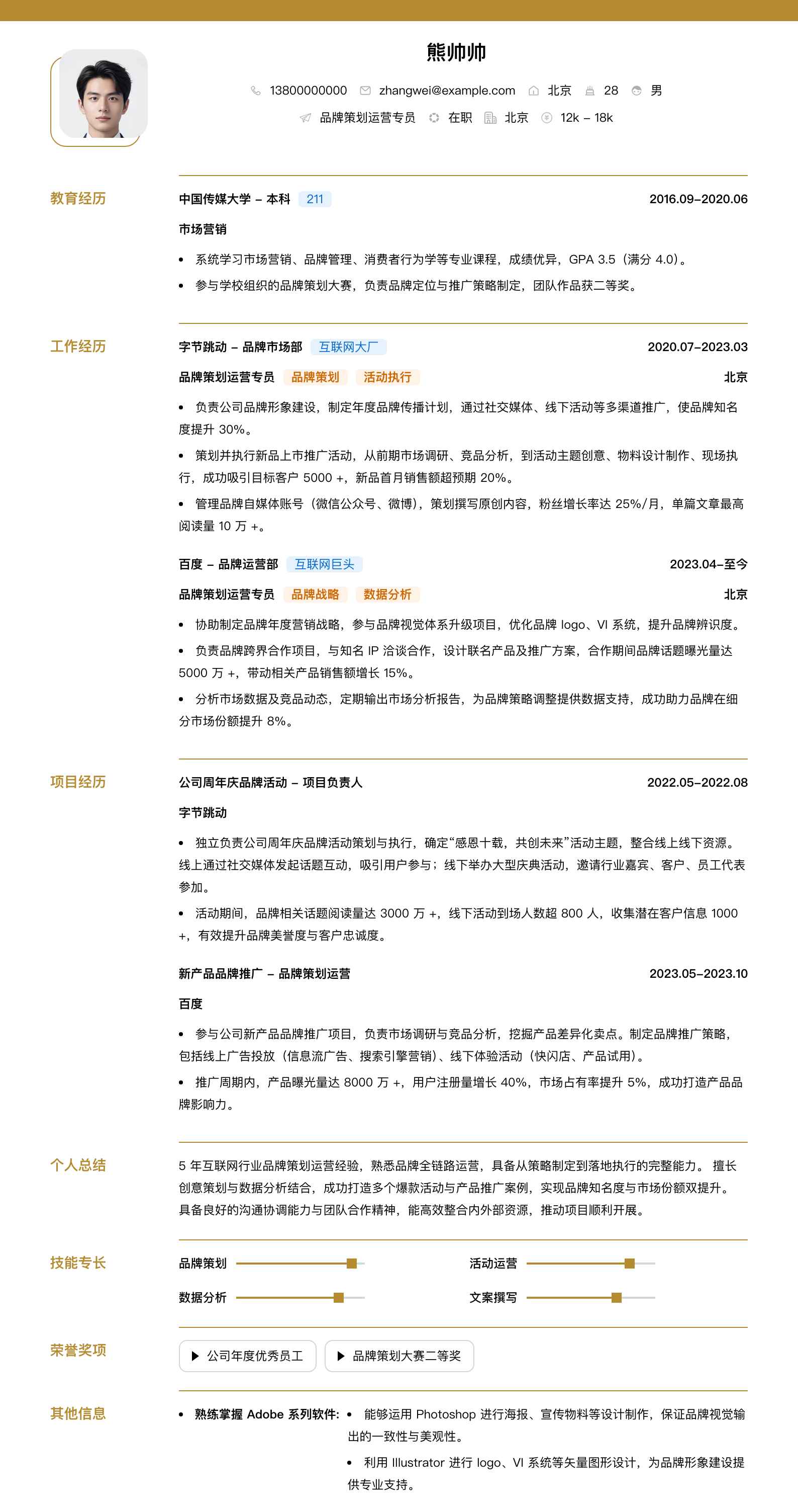 品牌策划运营专员简历模板